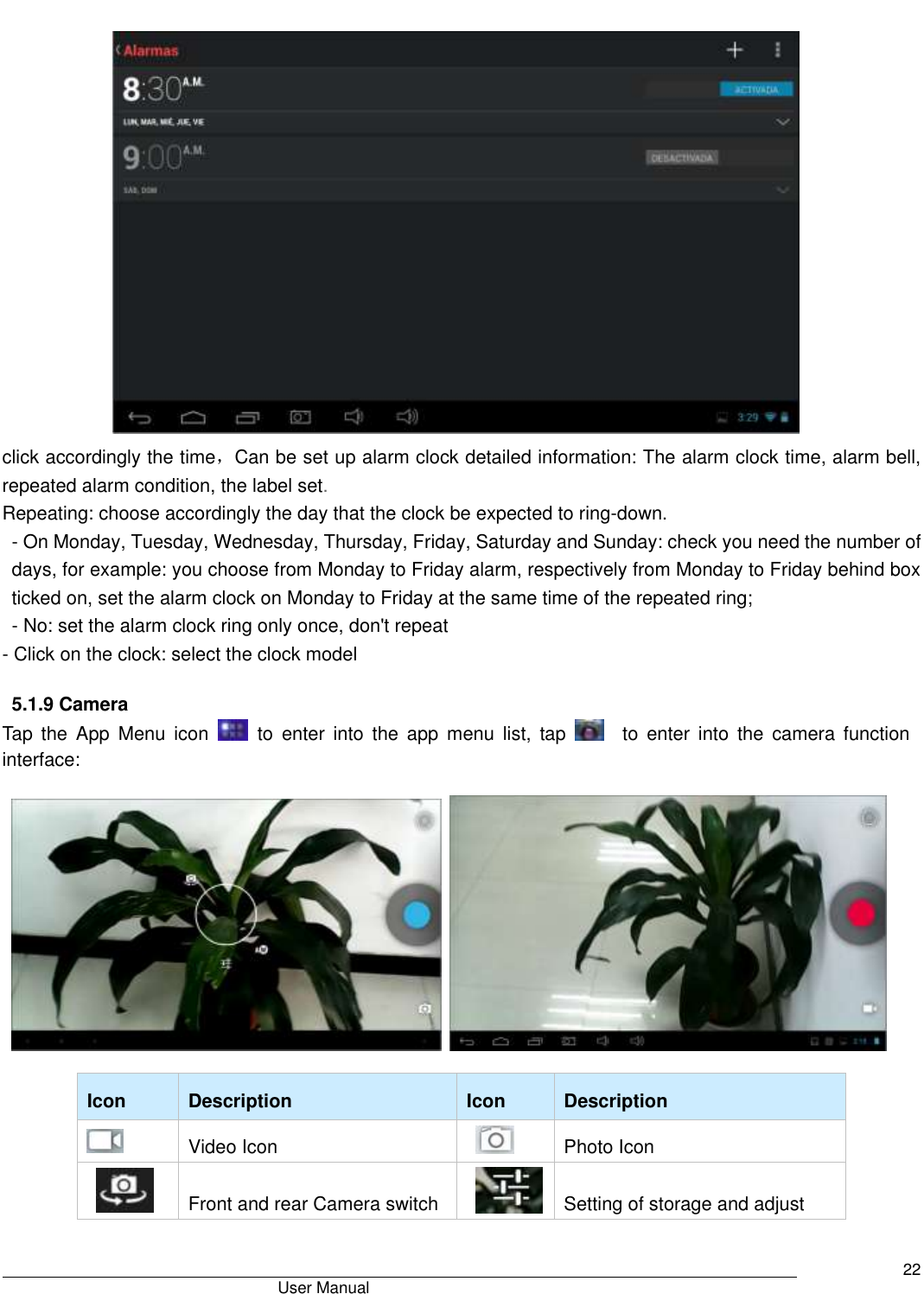                                       User Manual     22   click accordingly the time，Can be set up alarm clock detailed information: The alarm clock time, alarm bell, repeated alarm condition, the label set. Repeating: choose accordingly the day that the clock be expected to ring-down. - On Monday, Tuesday, Wednesday, Thursday, Friday, Saturday and Sunday: check you need the number of days, for example: you choose from Monday to Friday alarm, respectively from Monday to Friday behind box ticked on, set the alarm clock on Monday to Friday at the same time of the repeated ring; - No: set the alarm clock ring only once, don&apos;t repeat - Click on the clock: select the clock model                     5.1.9 Camera   Tap  the  App  Menu  icon    to  enter  into  the  app  menu  list,  tap      to  enter  into  the  camera  function interface:          Icon Description Icon Description  Video Icon  Photo Icon   Front and rear Camera switch    Setting of storage and adjust   