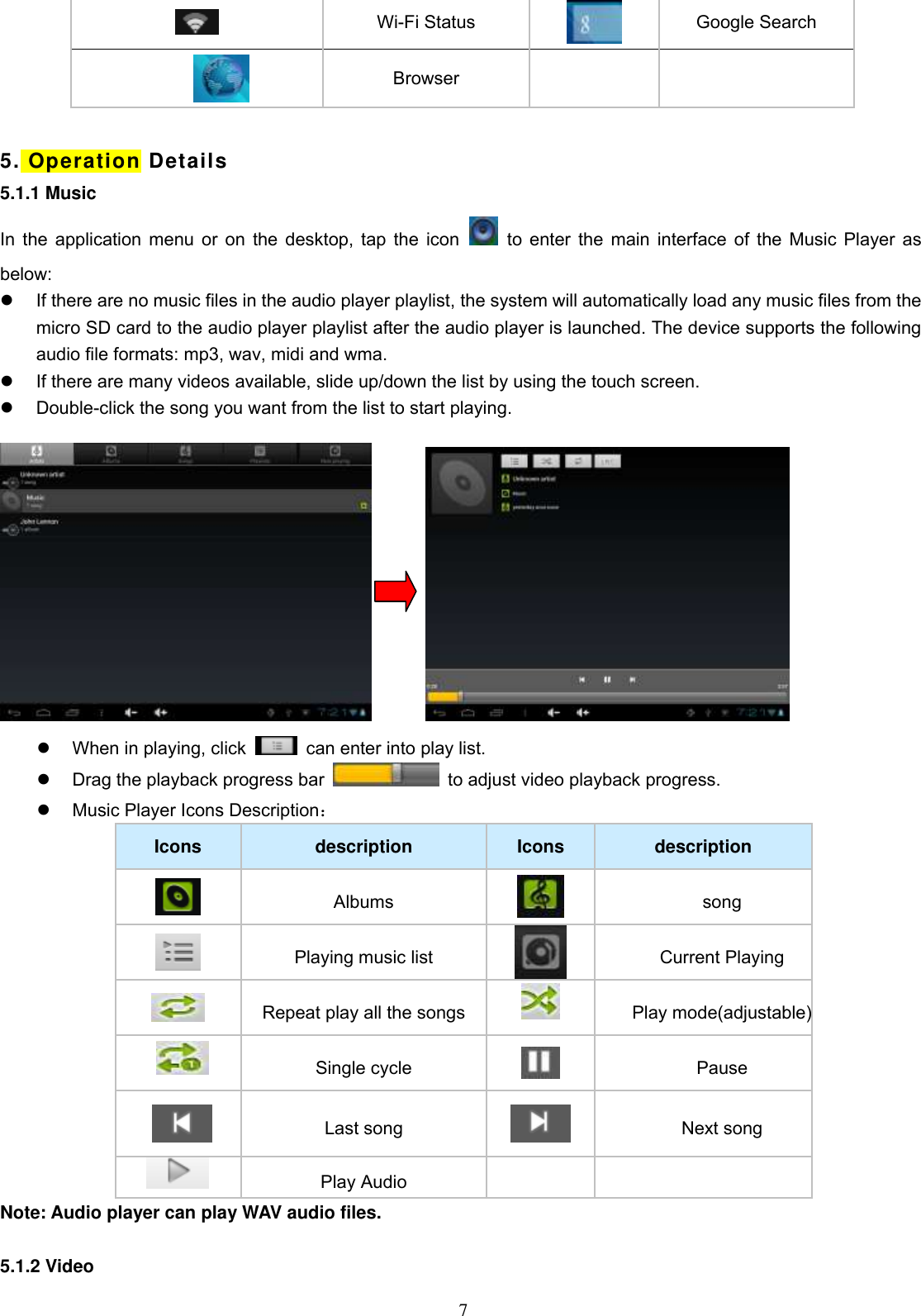  7  Wi-Fi Status  Google Search  Browser    5. Operation Details 5.1.1 Music In the application menu or on the desktop, tap the icon   to enter the main interface of the Music Player as below:   If there are no music files in the audio player playlist, the system will automatically load any music files from the micro SD card to the audio player playlist after the audio player is launched. The device supports the following audio file formats: mp3, wav, midi and wma.   If there are many videos available, slide up/down the list by using the touch screen.   Double-click the song you want from the list to start playing.                When in playing, click    can enter into play list.   Drag the playback progress bar    to adjust video playback progress.   Music Player Icons Description： Icons description Icons description  Albums  song  Playing music list  Current Playing  Repeat play all the songs  Play mode(adjustable)  Single cycle  Pause  Last song  Next song  Play Audio   Note: Audio player can play WAV audio files.                    5.1.2 Video 