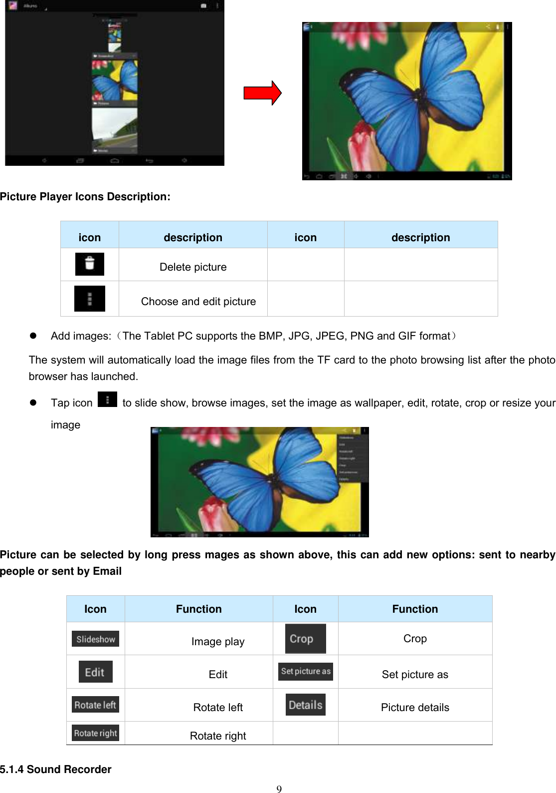  9             Picture Player Icons Description:   icon description icon description  Delete picture    Choose and edit picture     Add images:（The Tablet PC supports the BMP, JPG, JPEG, PNG and GIF format） The system will automatically load the image files from the TF card to the photo browsing list after the photo browser has launched.   Tap icon    to slide show, browse images, set the image as wallpaper, edit, rotate, crop or resize your image          Picture can be selected by long press mages as shown above, this can add new options: sent to nearby people or sent by Email    Icon Function Icon Function  Image play  Crop  Edit  Set picture as  Rotate left  Picture details  Rotate right    5.1.4 Sound Recorder 