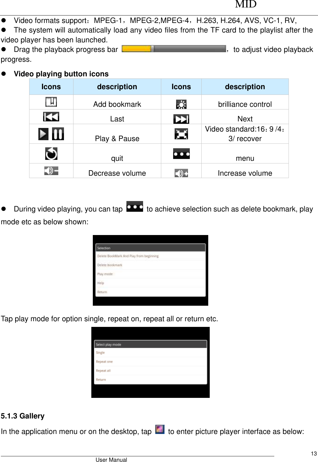      MID                                        User Manual     13   Video formats support：MPEG-1，MPEG-2,MPEG-4，H.263, H.264, AVS, VC-1, RV,   The system will automatically load any video files from the TF card to the playlist after the video player has been launched.   Drag the playback progress bar  ，to adjust video playback progress.  Video playing button icons Icons description Icons description  Add bookmark  brilliance control  Last  Next    Play &amp; Pause  Video standard:16：9 /4：3/ recover  quit  menu  Decrease volume  Increase volume    During video playing, you can tap    to achieve selection such as delete bookmark, play mode etc as below shown:    Tap play mode for option single, repeat on, repeat all or return etc.   5.1.3 Gallery In the application menu or on the desktop, tap    to enter picture player interface as below: 