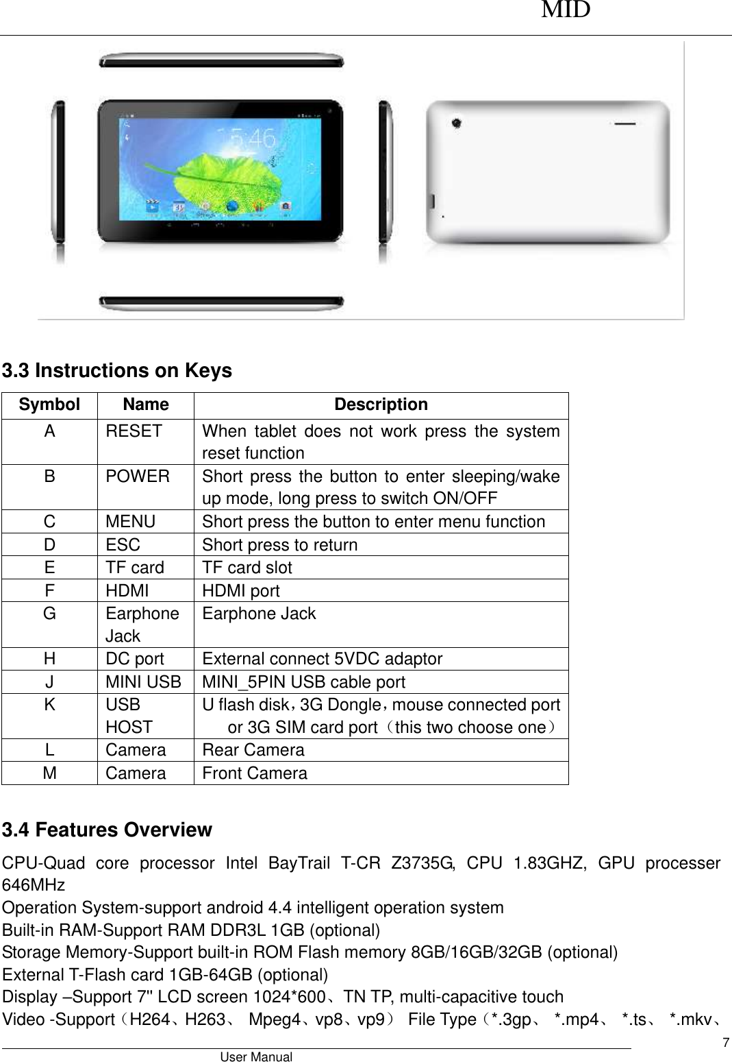      MID                                        User Manual     7   3.3 Instructions on Keys Symbol Name Description A RESET   When  tablet  does  not  work  press  the  system reset function B POWER Short press the button to enter sleeping/wake up mode, long press to switch ON/OFF C MENU Short press the button to enter menu function D ESC   Short press to return E TF card TF card slot F HDMI HDMI port G Earphone Jack Earphone Jack H DC port External connect 5VDC adaptor J MINI USB   MINI_5PIN USB cable port K USB HOST U flash disk，3G Dongle，mouse connected port or 3G SIM card port（this two choose one） L Camera Rear Camera M Camera Front Camera  3.4 Features Overview CPU-Quad  core  processor  Intel  BayTrail  T-CR  Z3735G,  CPU 1.83GHZ,  GPU  processer 646MHz Operation System-support android 4.4 intelligent operation system Built-in RAM-Support RAM DDR3L 1GB (optional) Storage Memory-Support built-in ROM Flash memory 8GB/16GB/32GB (optional) External T-Flash card 1GB-64GB (optional) Display –Support 7&apos;&apos; LCD screen 1024*600、TN TP, multi-capacitive touch   Video -Support（H264、H263、  Mpeg4、vp8、vp9）  File Type（*.3gp、  *.mp4、  *.ts、  *.mkv、 