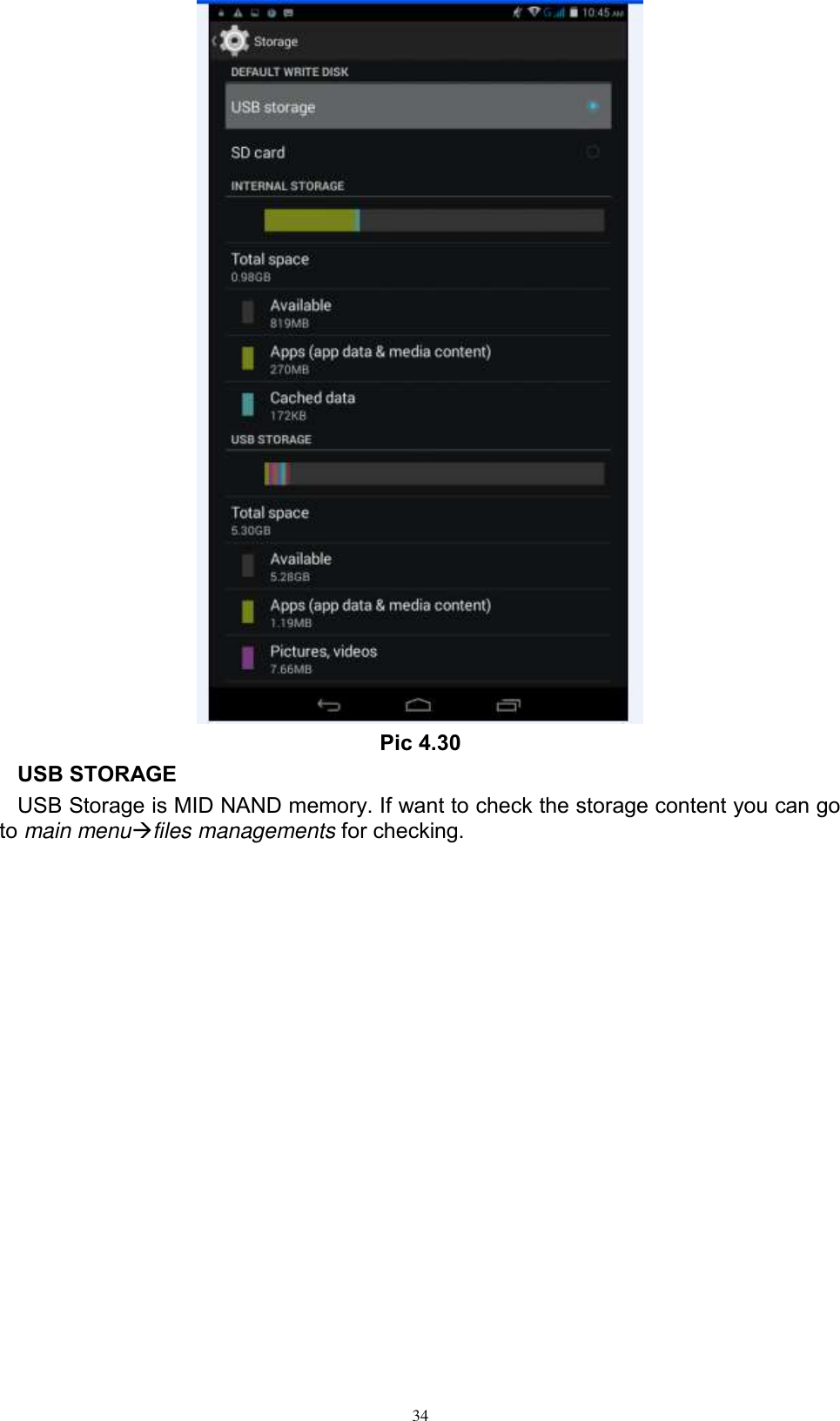      34  Pic 4.30 USB STORAGE USB Storage is MID NAND memory. If want to check the storage content you can go to main menufiles managements for checking.  