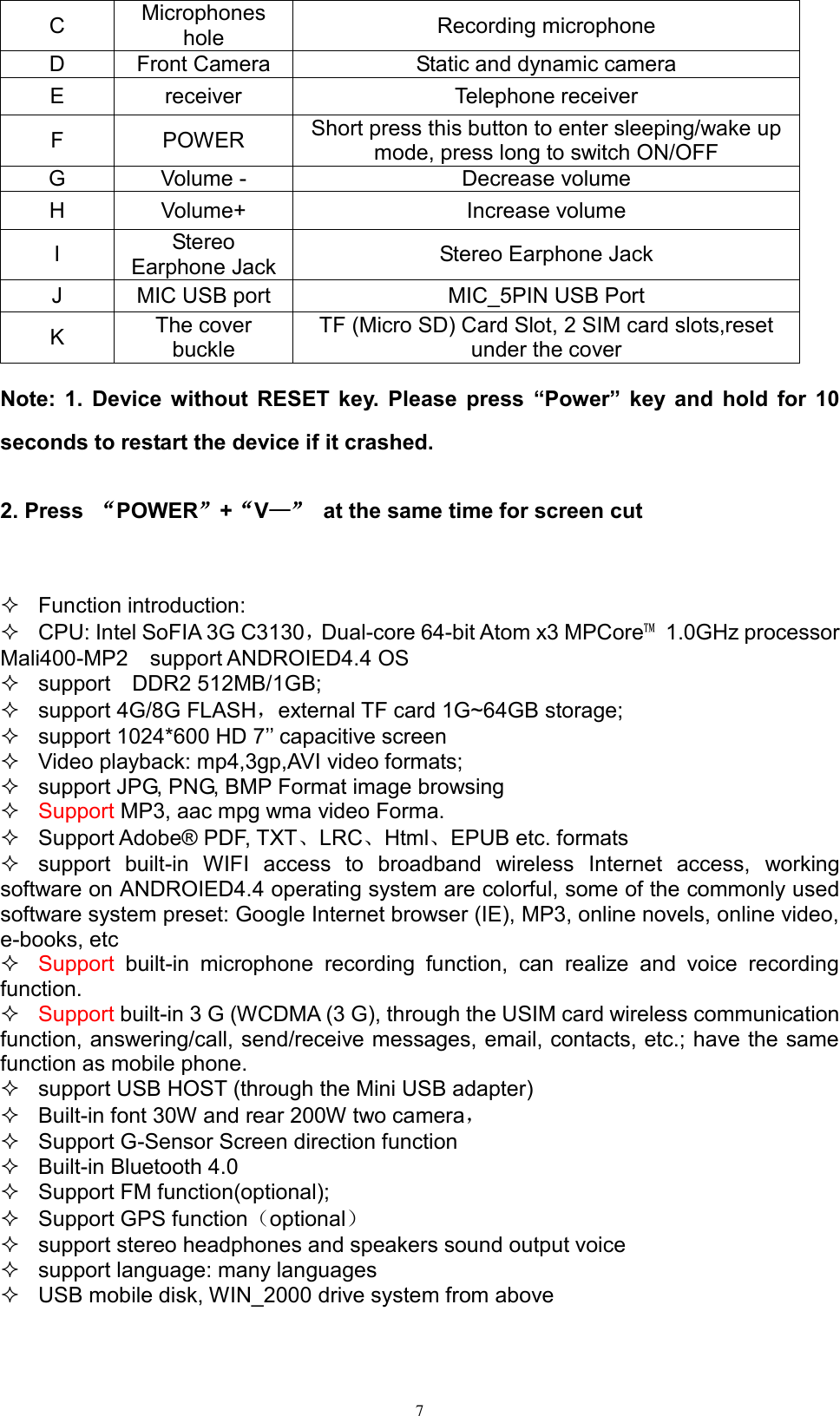      7 C Microphones hole Recording microphone D Front Camera Static and dynamic camera E receiver Telephone receiver F POWER Short press this button to enter sleeping/wake up mode, press long to switch ON/OFF G Volume - Decrease volume H Volume+ Increase volume I Stereo Earphone Jack Stereo Earphone Jack J MIC USB port MIC_5PIN USB Port K The cover buckle TF (Micro SD) Card Slot, 2 SIM card slots,reset under the cover Note: 1. Device without RESET key. Please press  “Power” key and hold for 10 seconds to restart the device if it crashed.     2. Press  “POWER”+“V—”  at the same time for screen cut      Function introduction:   CPU: Intel SoFIA 3G C3130，Dual-core 64-bit Atom x3 MPCore™ 1.0GHz processor   Mali400-MP2    support ANDROIED4.4 OS     support    DDR2 512MB/1GB;   support 4G/8G FLASH，external TF card 1G~64GB storage;   support 1024*600 HD 7’’ capacitive screen     Video playback: mp4,3gp,AVI video formats;   support JPG, PNG, BMP Format image browsing  Support MP3, aac mpg wma video Forma.   Support Adobe® PDF, TXT、LRC、Html、EPUB etc. formats   support  built-in  WIFI  access  to  broadband  wireless  Internet  access,  working software on ANDROIED4.4 operating system are colorful, some of the commonly used software system preset: Google Internet browser (IE), MP3, online novels, online video, e-books, etc  Support  built-in  microphone  recording  function,  can  realize  and  voice  recording function.  Support built-in 3 G (WCDMA (3 G), through the USIM card wireless communication function, answering/call, send/receive messages, email, contacts, etc.; have the same function as mobile phone.   support USB HOST (through the Mini USB adapter)   Built-in font 30W and rear 200W two camera，   Support G-Sensor Screen direction function   Built-in Bluetooth 4.0   Support FM function(optional);   Support GPS function（optional）   support stereo headphones and speakers sound output voice   support language: many languages   USB mobile disk, WIN_2000 drive system from above 