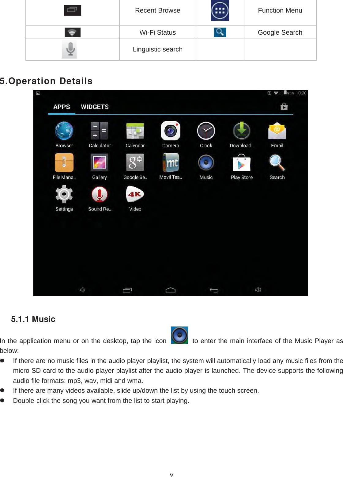 9Recent Browse Function MenuWi-Fi Status Google SearchLinguistic search5.Operation Details5.1.1 MusicIn the application menu or on the desktop, tap the icon to enter the main interface of the Music Player asbelow:If there are no music files in the audio player playlist, the system will automatically load any music files from themicro SD card to the audio player playlist after the audio player is launched. The device supports the followingaudio file formats: mp3, wav, midi and wma.If there are many videos available, slide up/down the list by using the touch screen.Double-click the song you want from the list to start playing.