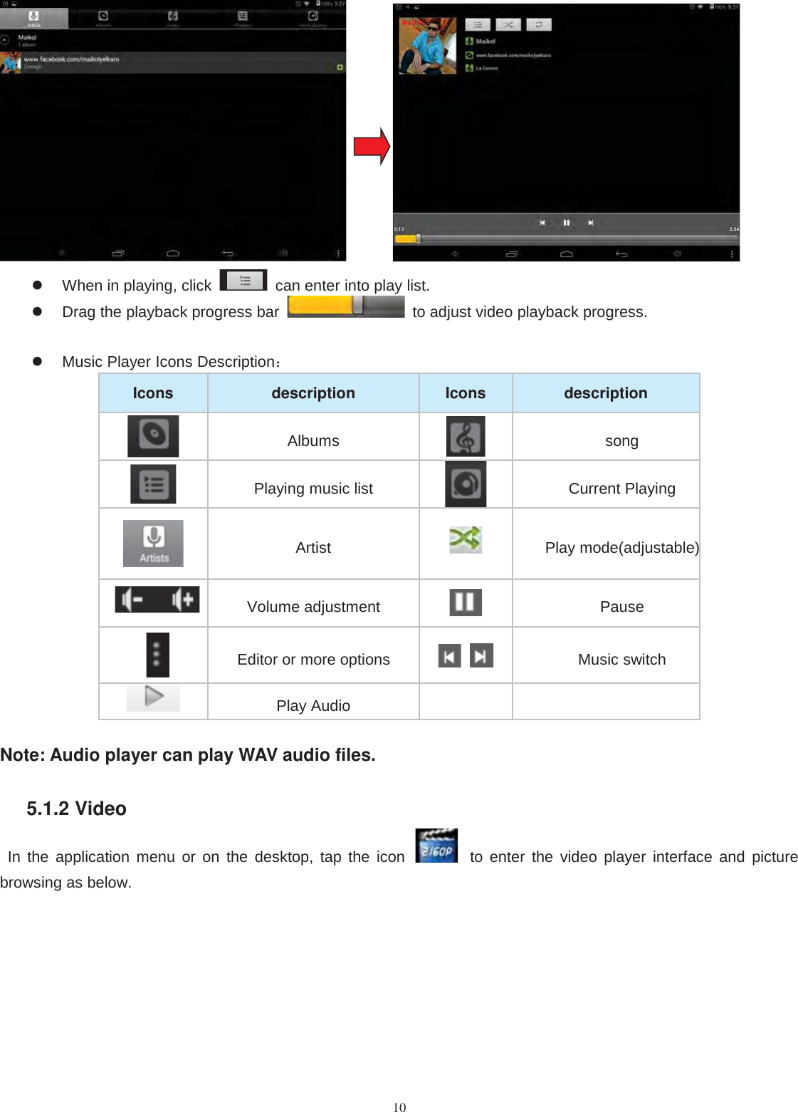 10When in playing, click can enter into play list.Drag the playback progress bar to adjust video playback progress.Music Player Icons Description：Icons description Icons descriptionAlbums songPlaying music list Current PlayingArtist Play mode(adjustable)Volume adjustment PauseEditor or more options Music switchPlay AudioNote: Audio player can play WAV audio files.5.1.2 VideoIn the application menu or on the desktop, tap the icon to enter the video player interface and picturebrowsing as below.