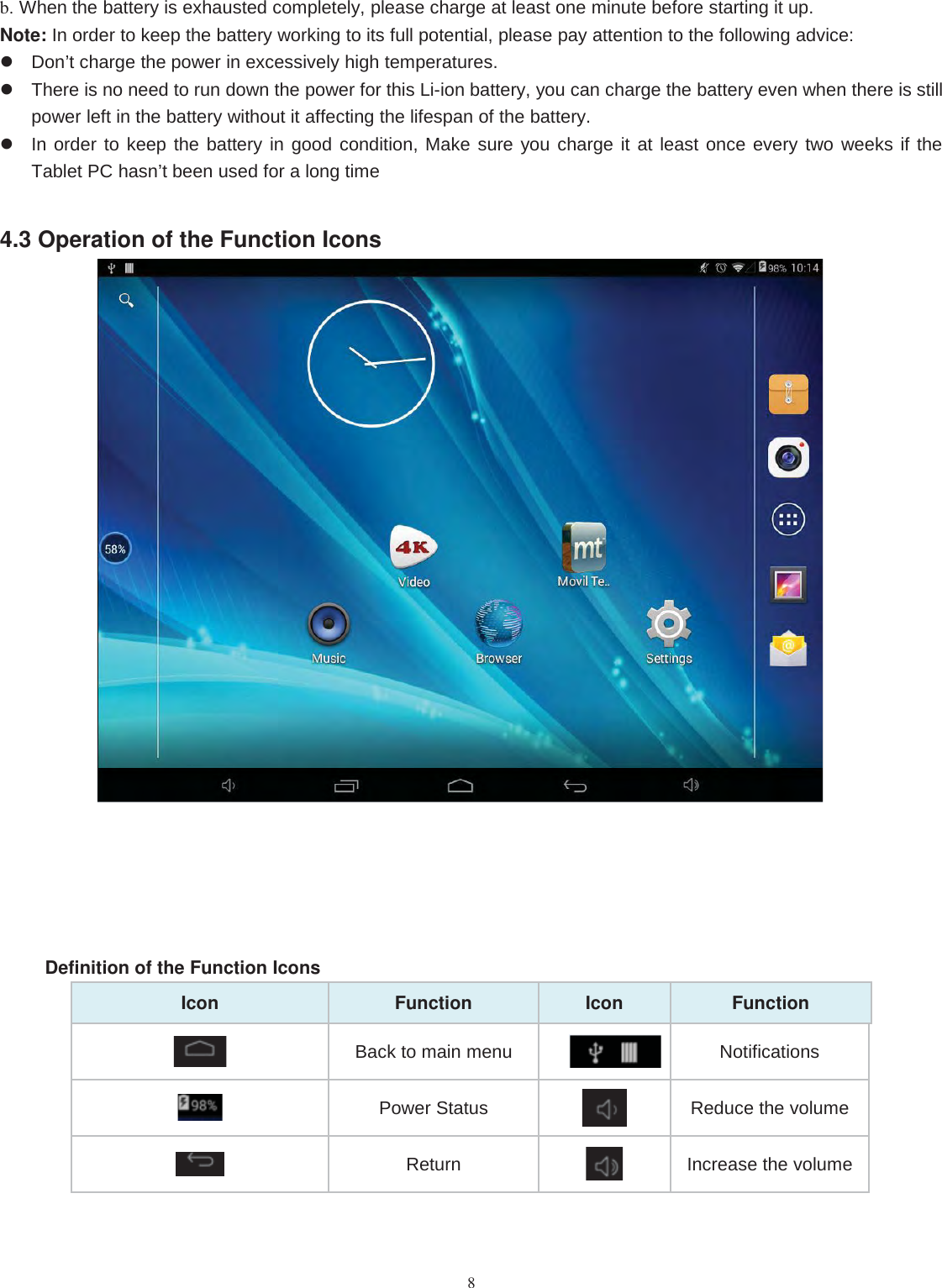 8b. When the battery is exhausted completely, please charge at least one minute before starting it up.Note: In order to keep the battery working to its full potential, please pay attention to the following advice:Don’t charge the power in excessively high temperatures.There is no need to run down the power for this Li-ion battery, you can charge the battery even when there is stillpower left in the battery without it affecting the lifespan of the battery.In order to keep the battery in good condition, Make sure you charge it at least once every two weeks if theTablet PC hasn’t been used for a long time4.3 Operation of the Function IconsDefinition of the Function IconsIcon Function Icon FunctionBack to main menu NotificationsPower Status Reduce the volumeReturn Increase the volume