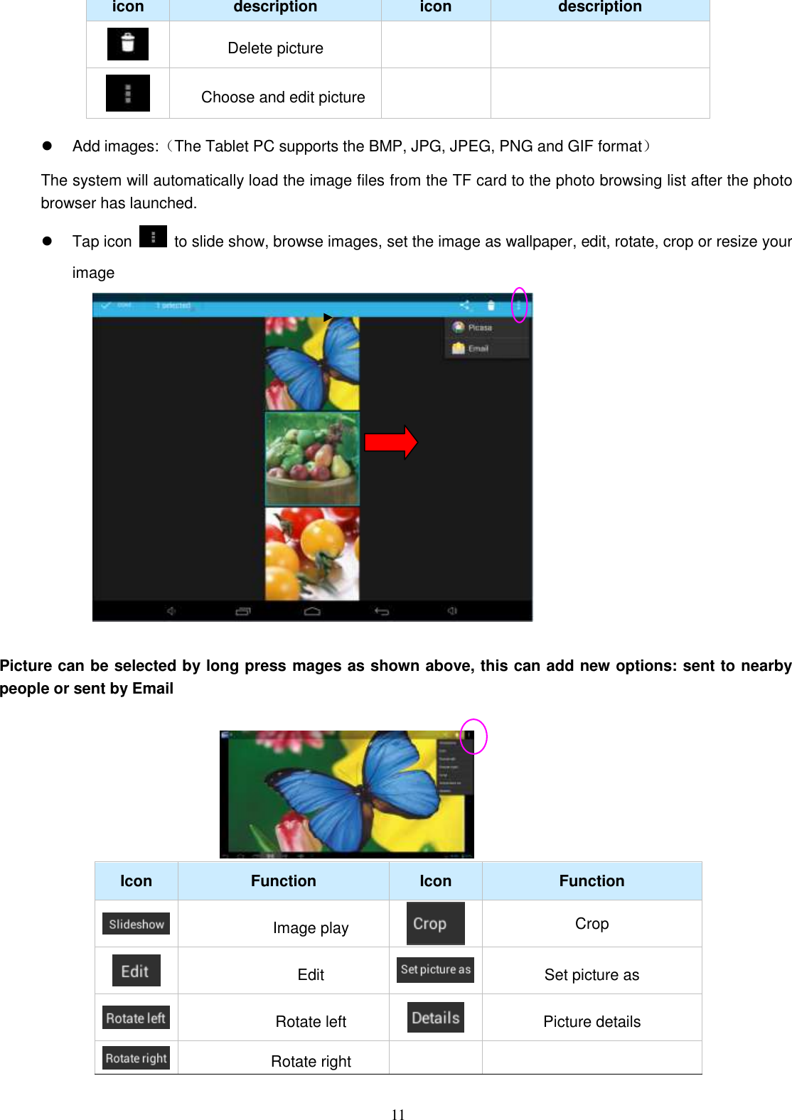  11 icon description icon description  Delete picture    Choose and edit picture     Add images:（The Tablet PC supports the BMP, JPG, JPEG, PNG and GIF format） The system will automatically load the image files from the TF card to the photo browsing list after the photo browser has launched.   Tap icon    to slide show, browse images, set the image as wallpaper, edit, rotate, crop or resize your image              Picture can be selected by long press mages as shown above, this can add new options: sent to nearby people or sent by Email          Icon Function Icon Function  Image play  Crop  Edit  Set picture as  Rotate left  Picture details  Rotate right    
