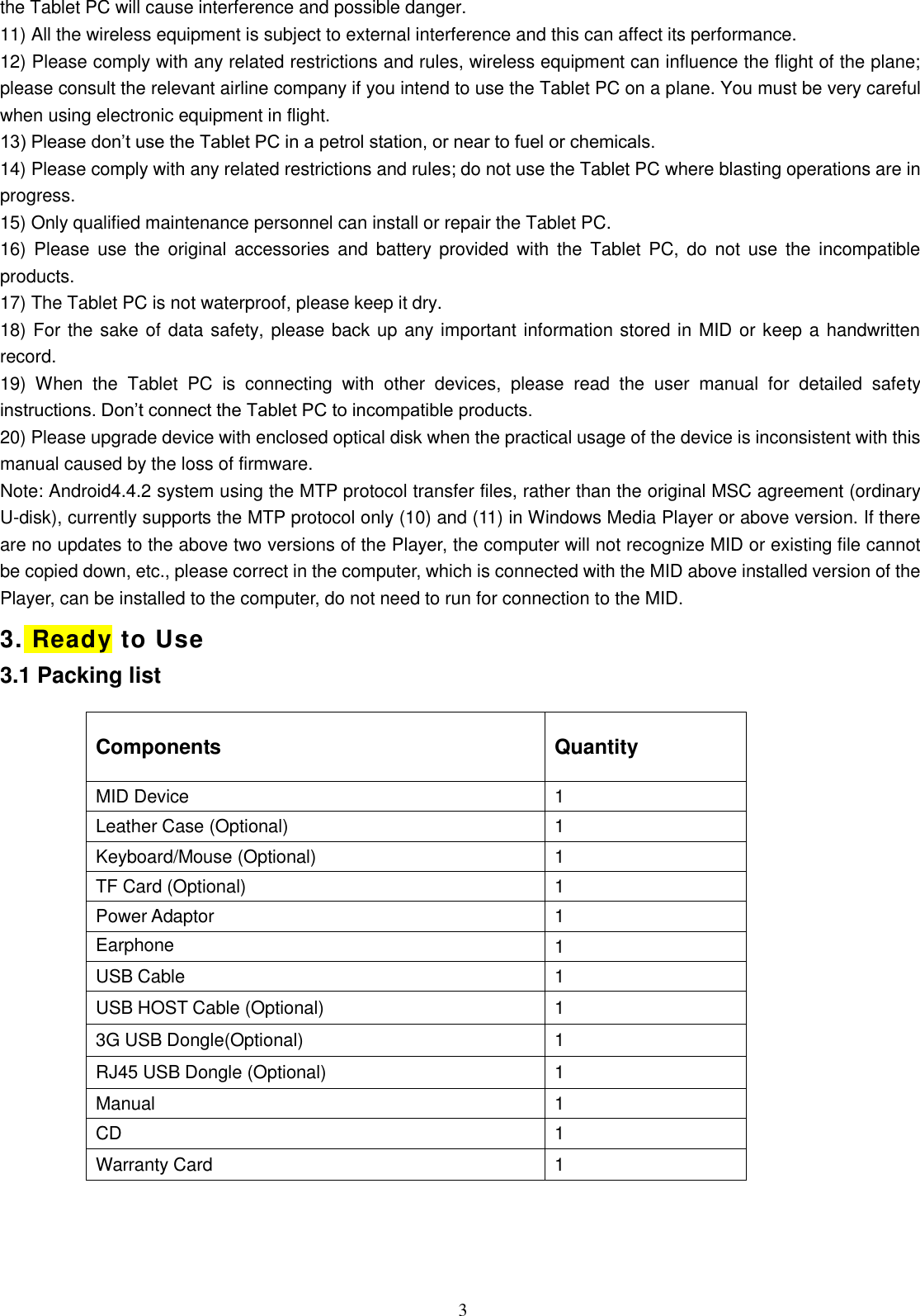  3 the Tablet PC will cause interference and possible danger.   11) All the wireless equipment is subject to external interference and this can affect its performance.   12) Please comply with any related restrictions and rules, wireless equipment can influence the flight of the plane; please consult the relevant airline company if you intend to use the Tablet PC on a plane. You must be very careful when using electronic equipment in flight. 13) Please don’t use the Tablet PC in a petrol station, or near to fuel or chemicals.   14) Please comply with any related restrictions and rules; do not use the Tablet PC where blasting operations are in progress.   15) Only qualified maintenance personnel can install or repair the Tablet PC.     16)  Please  use the  original  accessories and  battery provided  with  the  Tablet  PC,  do  not  use  the  incompatible products.   17) The Tablet PC is not waterproof, please keep it dry.   18) For the sake of data safety, please back up any important information stored in MID or keep a handwritten record.   19)  When  the  Tablet  PC  is  connecting  with  other  devices,  please  read  the  user  manual  for  detailed  safety instructions. Don’t connect the Tablet PC to incompatible products.   20) Please upgrade device with enclosed optical disk when the practical usage of the device is inconsistent with this manual caused by the loss of firmware. Note: Android4.4.2 system using the MTP protocol transfer files, rather than the original MSC agreement (ordinary U-disk), currently supports the MTP protocol only (10) and (11) in Windows Media Player or above version. If there are no updates to the above two versions of the Player, the computer will not recognize MID or existing file cannot be copied down, etc., please correct in the computer, which is connected with the MID above installed version of the Player, can be installed to the computer, do not need to run for connection to the MID. 3. Ready to Use 3.1 Packing list                Components Quantity MID Device 1 Leather Case (Optional) 1 Keyboard/Mouse (Optional) 1 TF Card (Optional) 1 Power Adaptor 1 Earphone 1 USB Cable 1 USB HOST Cable (Optional) 1 3G USB Dongle(Optional) 1 RJ45 USB Dongle (Optional) 1 Manual 1 CD 1 Warranty Card     1 