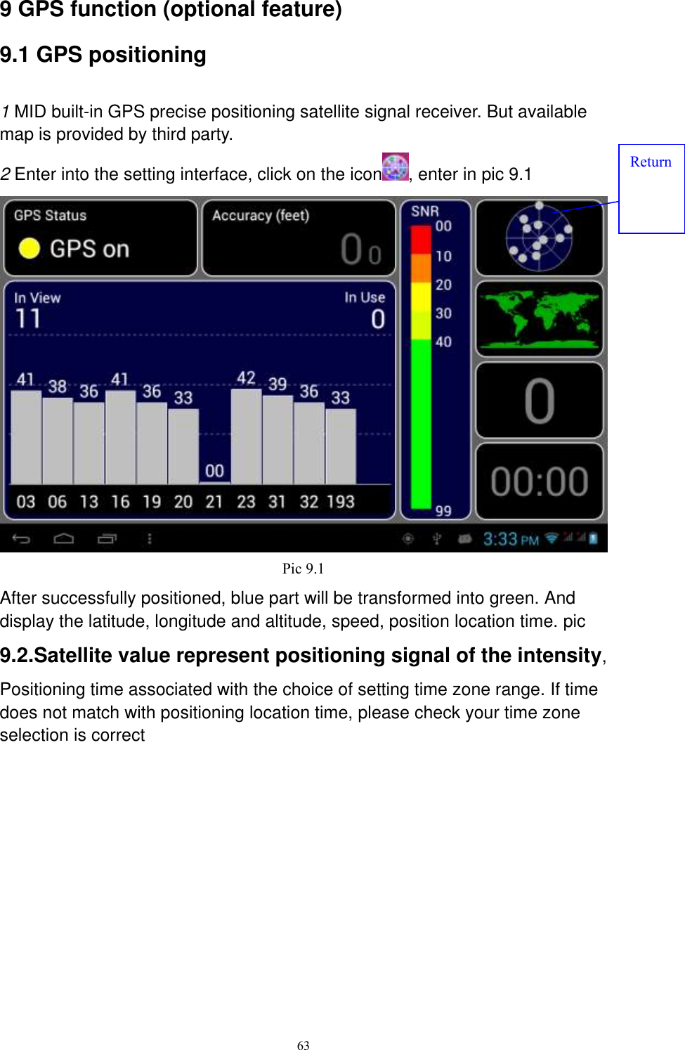      63 9 GPS function (optional feature) 9.1 GPS positioning  1 MID built-in GPS precise positioning satellite signal receiver. But available map is provided by third party. 2 Enter into the setting interface, click on the icon , enter in pic 9.1  Pic 9.1 After successfully positioned, blue part will be transformed into green. And display the latitude, longitude and altitude, speed, position location time. pic 9.2.Satellite value represent positioning signal of the intensity, Positioning time associated with the choice of setting time zone range. If time does not match with positioning location time, please check your time zone selection is correct Return 