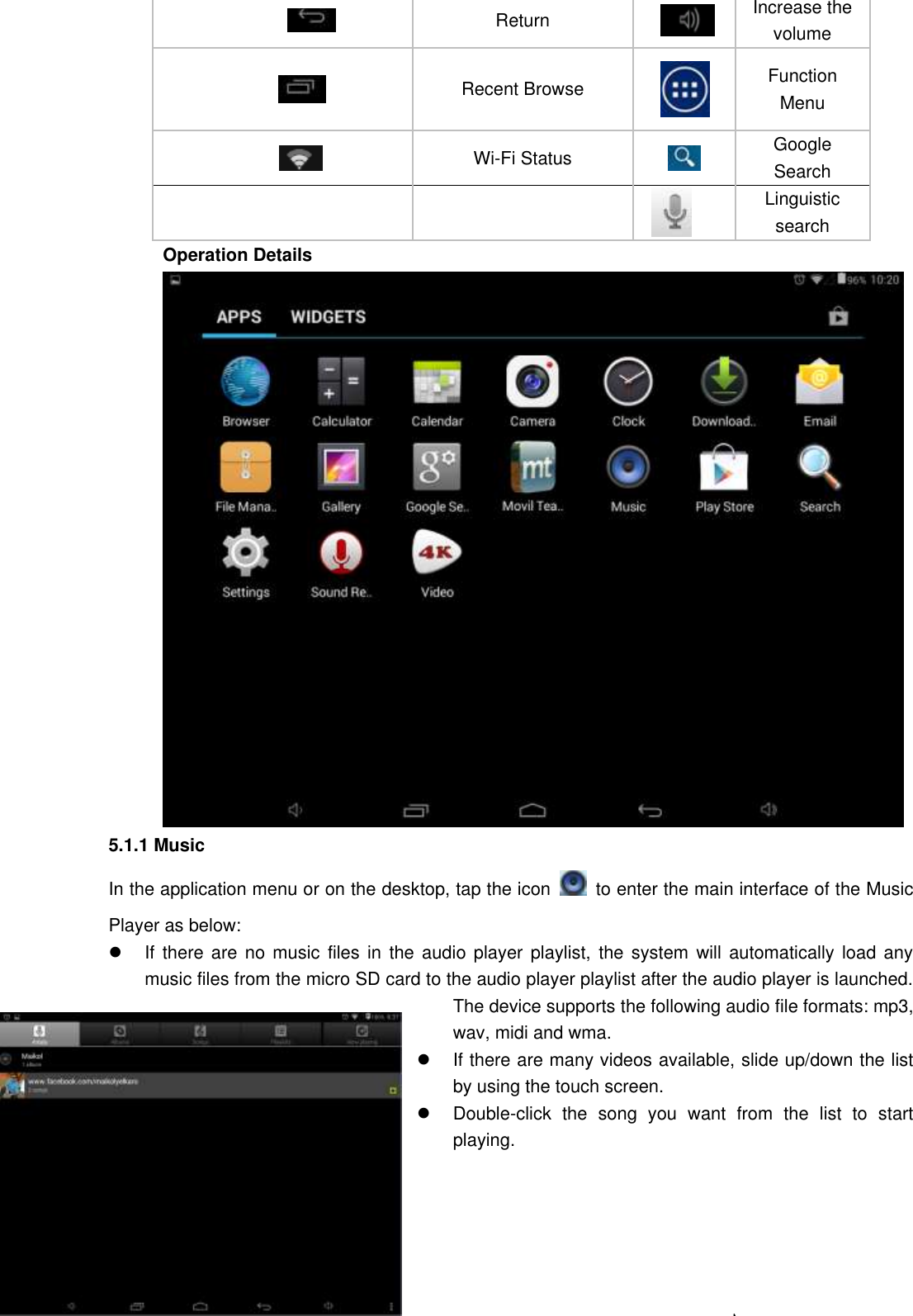                              Return     Increase the volume                            Recent Browse     Function Menu                Wi-Fi Status  Google Search        Linguistic search Operation Details  5.1.1 Music In the application menu or on the desktop, tap the icon    to enter the main interface of the Music Player as below:   If  there are  no music  files  in the  audio player  playlist, the  system will automatically  load any music files from the micro SD card to the audio player playlist after the audio player is launched. The device supports the following audio file formats: mp3, wav, midi and wma.   If there are many videos available, slide up/down the list by using the touch screen.   Double-click  the  song  you  want  from  the  list  to  start playing.    