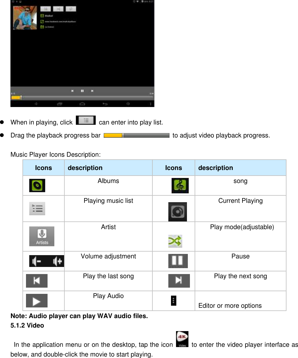    When in playing, click    can enter into play list.   Drag the playback progress bar    to adjust video playback progress.  Music Player Icons Description: Icons   description Icons   description    Albums            song    Playing music list          Current Playing    Artist      Play mode(adjustable)  Volume adjustment  Pause  Play the last song  Play the next song  Play Audio  Editor or more options Note: Audio player can play WAV audio files. 5.1.2 Video   In the application menu or on the desktop, tap the icon    to enter the video player interface as below, and double-click the movie to start playing. 