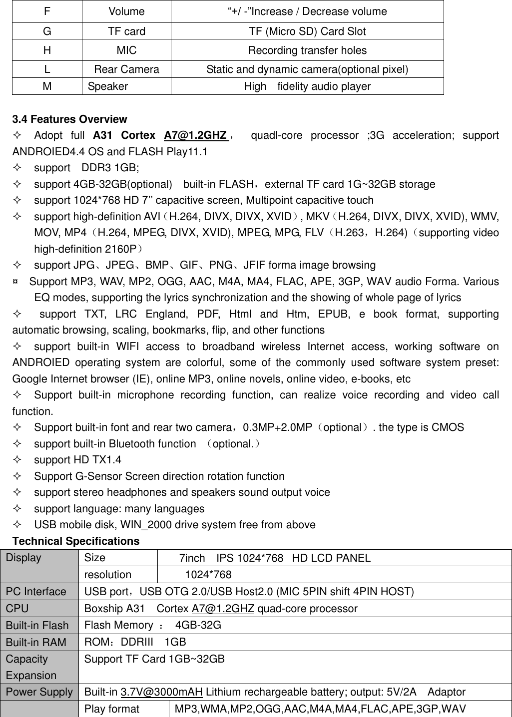 F Volume “+/ -”Increase / Decrease volume   G TF card   TF (Micro SD) Card Slot H MIC Recording transfer holes L Rear Camera Static and dynamic camera(optional pixel) M Speaker High    fidelity audio player  3.4 Features Overview   Adopt  full  A31  Cortex  A7@1.2GHZ ， quadl-core  processor  ;3G  acceleration;  support ANDROIED4.4 OS and FLASH Play11.1     support    DDR3 1GB;   support 4GB-32GB(optional)    built-in FLASH，external TF card 1G~32GB storage   support 1024*768 HD 7’’ capacitive screen, Multipoint capacitive touch   support high-definition AVI（H.264, DIVX, DIVX, XVID）, MKV（H.264, DIVX, DIVX, XVID), WMV, MOV, MP4（H.264, MPEG, DIVX, XVID), MPEG, MPG, FLV（H.263，H.264)（supporting video high-definition 2160P）   support JPG、JPEG、BMP、GIF、PNG、JFIF forma image browsing ¤    Support MP3, WAV, MP2, OGG, AAC, M4A, MA4, FLAC, APE, 3GP, WAV audio Forma. Various EQ modes, supporting the lyrics synchronization and the showing of whole page of lyrics     support  TXT,  LRC  England,  PDF,  Html  and  Htm,  EPUB,  e  book  format,  supporting       automatic browsing, scaling, bookmarks, flip, and other functions   support  built-in  WIFI  access  to  broadband  wireless  Internet  access,  working  software  on ANDROIED  operating  system  are  colorful,  some  of  the  commonly  used  software  system  preset: Google Internet browser (IE), online MP3, online novels, online video, e-books, etc   Support  built-in  microphone  recording  function,  can  realize  voice  recording  and  video  call function.   Support built-in font and rear two camera，0.3MP+2.0MP（optional）. the type is CMOS   support built-in Bluetooth function  （optional.）   support HD TX1.4   Support G-Sensor Screen direction rotation function   support stereo headphones and speakers sound output voice   support language: many languages   USB mobile disk, WIN_2000 drive system free from above Technical Specifications Display Size 7inch    IPS 1024*768   HD LCD PANEL resolution 1024*768   PC Interface USB port，USB OTG 2.0/USB Host2.0 (MIC 5PIN shift 4PIN HOST) CPU Boxship A31    Cortex A7@1.2GHZ quad-core processor Built-in Flash Flash Memory  ：  4GB-32G Built-in RAM ROM：DDRIII    1GB Capacity Expansion Support TF Card 1GB~32GB Power Supply Built-in 3.7V@3000mAH Lithium rechargeable battery; output: 5V/2A    Adaptor  Play format MP3,WMA,MP2,OGG,AAC,M4A,MA4,FLAC,APE,3GP,WAV 