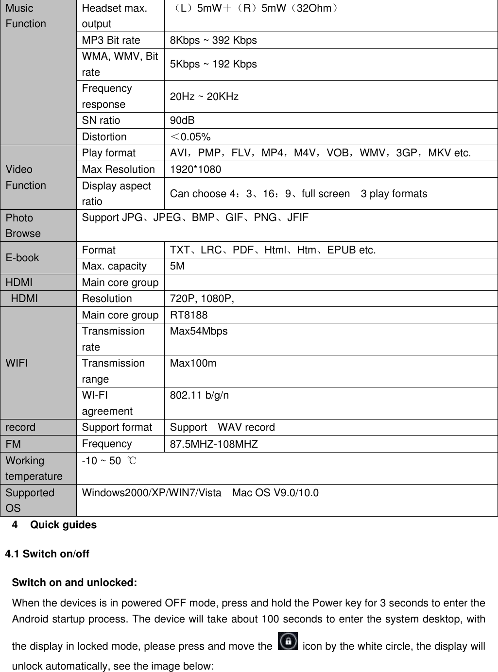 Music Function Headset max. output （L）5mW＋（R）5mW（32Ohm） MP3 Bit rate 8Kbps ~ 392 Kbps WMA, WMV, Bit rate   5Kbps ~ 192 Kbps Frequency response 20Hz ~ 20KHz SN ratio 90dB Distortion ＜0.05% Video Function   Play format AVI，PMP，FLV，MP4，M4V，VOB，WMV，3GP，MKV etc. Max Resolution   1920*1080 Display aspect ratio Can choose 4：3、16：9、full screen    3 play formats Photo Browse Support JPG、JPEG、BMP、GIF、PNG、JFIF   E-book Format   TXT、LRC、PDF、Html、Htm、EPUB etc. Max. capacity 5M HDMI Main core group      HDMI Resolution   720P, 1080P, WIFI   Main core group RT8188 Transmission rate Max54Mbps Transmission range Max100m WI-FI agreement 802.11 b/g/n   record Support format Support    WAV record FM Frequency 87.5MHZ-108MHZ Working temperature -10 ~ 50  ℃ Supported OS Windows2000/XP/WIN7/Vista    Mac OS V9.0/10.0 4  Quick guides 4.1 Switch on/off Switch on and unlocked: When the devices is in powered OFF mode, press and hold the Power key for 3 seconds to enter the Android startup process. The device will take about 100 seconds to enter the system desktop, with the display in locked mode, please press and move the    icon by the white circle, the display will unlock automatically, see the image below: 