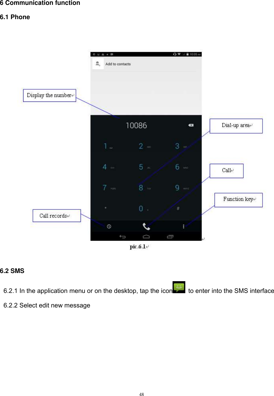      48   6 Communication function 6.1 Phone        6.2 SMS     6.2.1 In the application menu or on the desktop, tap the icon   to enter into the SMS interface  6.2.2 Select edit new message 