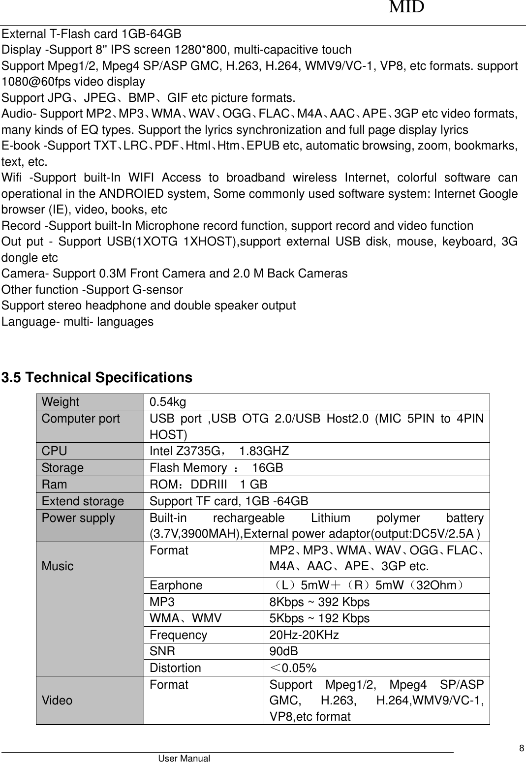      MID                                        User Manual     8 External T-Flash card 1GB-64GB Display -Support 8&apos;&apos; IPS screen 1280*800, multi-capacitive touch   Support Mpeg1/2, Mpeg4 SP/ASP GMC, H.263, H.264, WMV9/VC-1, VP8, etc formats. support 1080@60fps video display Support JPG、JPEG、BMP、GIF etc picture formats. Audio- Support MP2、MP3、WMA、WAV、OGG、FLAC、M4A、AAC、APE、3GP etc video formats, many kinds of EQ types. Support the lyrics synchronization and full page display lyrics E-book -Support TXT、LRC、PDF、Html、Htm、EPUB etc, automatic browsing, zoom, bookmarks, text, etc. Wifi  -Support  built-In  WIFI  Access  to  broadband  wireless  Internet,  colorful  software  can operational in the ANDROIED system, Some commonly used software system: Internet Google browser (IE), video, books, etc Record -Support built-In Microphone record function, support record and video function Out  put  -  Support USB(1XOTG  1XHOST),support external USB  disk,  mouse,  keyboard,  3G dongle etc   Camera- Support 0.3M Front Camera and 2.0 M Back Cameras Other function -Support G-sensor Support stereo headphone and double speaker output   Language- multi- languages   3.5 Technical Specifications Weight 0.54kg Computer port USB  port  ,USB  OTG  2.0/USB  Host2.0  (MIC  5PIN  to  4PIN   HOST) CPU Intel Z3735G，  1.83GHZ Storage Flash Memory  ：  16GB Ram ROM：DDRIII    1 GB Extend storage Support TF card, 1GB -64GB  Power supply Built-in  rechargeable  Lithium  polymer  battery (3.7V,3900MAH),External power adaptor(output:DC5V/2.5A )  Music Format MP2、MP3、WMA、WAV、OGG、FLAC、M4A、AAC、APE、3GP etc. Earphone （L）5mW＋（R）5mW（32Ohm） MP3 8Kbps ~ 392 Kbps WMA、WMV   5Kbps ~ 192 Kbps Frequency 20Hz-20KHz SNR 90dB Distortion ＜0.05%  Video Format Support  Mpeg1/2,  Mpeg4  SP/ASP GMC,  H.263,  H.264,WMV9/VC-1, VP8,etc format 