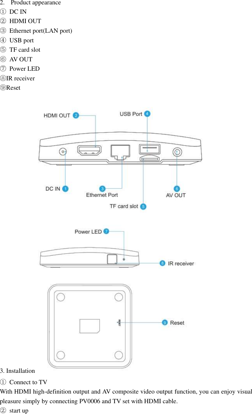 2. Product appearance ①  DC IN   ②  HDMI OUT   ③  Ethernet port(LAN port) ④  USB port   ⑤  TF card slot ⑥  AV OUT ⑦  Power LED ⑧IR receiver ⑨Reset 3. Installation  ①  Connect to TV With HDMI high-definition output and AV composite video output function, you can enjoy visual pleasure simply by connecting PV0006 and TV set with HDMI cable. ②  start up 