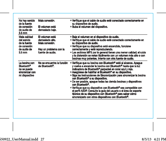 No hay sonido de la fuente de conexión de audio de 3.5 mmMala conexión.El volumen está  demasiado bajo.•  Verique que el cable de audio esté conectado correctamente en su dispositivo de audio.•  Suba el volumen del dispositivo.Mala calidad del sonido de la fuente de conexión de audio de 3.5 mmEl volumen está  demasiado alto.Mala conexión.Hay un problema con la fuente de audio.•  Baje el volumen en el dispositivo de audio.•  Verique que el cable de audio esté conectado correctamente en su dispositivo de audio.•  Verique que su dispositivo esté encendido, funcione correctamente y esté reproduciendo.•  Los archivos MP3 por lo general tienen una menor calidad; el ruido y la distorsión se notan fácilmente con un volumen más alto o con bocinas muy potentes. Intente con otra fuente de audio.La bocina con Bluetooth® no se puede sincronizar con mi dispositivoNo se encuentra la función de Bluetooth®.•  Verique que su bocina con Bluetooth® esté al alcance. Apague y vuelva a encender la bocina con Bluetooth® hasta que la luz indicadora de Bluetooth® parpadeé en color azul y rojo.•  Asegúrese de habilitar el Bluetooth® en su dispositivo.•  Siga las Instrucciones de Sincronización para sincronizar la bocina con Bluetooth® a su dispositivo.•  De ser posible, apague todas las demás bocinas y dispositivos con Bluetooth®.•  Verique que su dispositivo con Bluetooth® sea compatible con el perl A2DP. Consulte la guía del usuario o el área de soporte técnico de su dispositivo con Bluetooth® para saber cómo sincronizarlo con otros dispositivos con Bluetooth®.CCS50922_UserManual.indd   27 8/5/13   4:21 PM