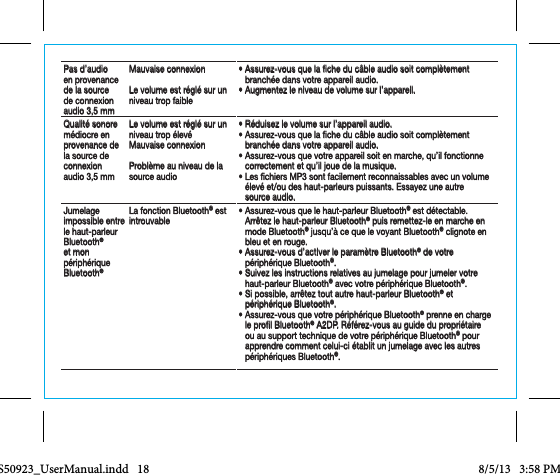 Pas d’audio en provenance de la source de connexion audio 3,5 mmMauvaise connexionLe volume est réglé sur un niveau trop faible•  Assurez-vous que la che du câble audio soit complètement branchée dans votre appareil audio.•  Augmentez le niveau de volume sur l’appareil.Qualité sonore médiocre en provenance de la source de connexion  audio 3,5 mmLe volume est réglé sur un niveau trop élevéMauvaise connexionProblème au niveau de la source audio•  Réduisez le volume sur l’appareil audio.•  Assurez-vous que la che du câble audio soit complètement branchée dans votre appareil audio.•  Assurez-vous que votre appareil soit en marche, qu’il fonctionne correctement et qu’il joue de la musique.•  Les chiers MP3 sont facilement reconnaissables avec un volume élevé et/ou des haut-parleurs puissants. Essayez une autre source audio.Jumelage impossible entre le haut-parleur Bluetooth® et mon périphérique Bluetooth®La fonction Bluetooth® est introuvable •  Assurez-vous que le haut-parleur Bluetooth® est détectable. Arrêtez le haut-parleur Bluetooth® puis remettez-le en marche en mode Bluetooth® jusqu’à ce que le voyant Bluetooth® clignote en bleu et en rouge.•  Assurez-vous d’activer le paramètre Bluetooth® de votre périphérique Bluetooth®.•  Suivez les instructions relatives au jumelage pour jumeler votre haut-parleur Bluetooth® avec votre périphérique Bluetooth®.•  Si possible, arrêtez tout autre haut-parleur Bluetooth® et périphérique Bluetooth®.•  Assurez-vous que votre périphérique Bluetooth® prenne en charge le prol Bluetooth® A2DP. Référez-vous au guide du propriétaire ou au support technique de votre périphérique Bluetooth® pour apprendre comment celui-ci établit un jumelage avec les autres périphériques Bluetooth®.CCS50923_UserManual.indd   18 8/5/13   3:58 PM