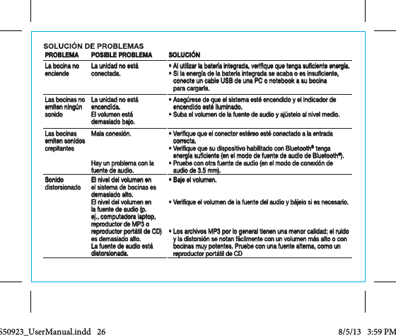 PROBLEMA POSIBLE PROBLEMA SOLUCIÓNLa bocina no enciende La unidad no está conectada. •  Al utilizar la batería integrada, verique que tenga suciente energía.•  Si la energía de la batería integrada se acaba o es insuciente, conecte un cable USB de una PC o notebook a su bocina  para cargarla.Las bocinas no emiten ningún sonidoLa unidad no está encendida.El volumen está  demasiado bajo.•  Asegúrese de que el sistema esté encendido y el indicador de encendido esté iluminado.•  Suba el volumen de la fuente de audio y ajústelo al nivel medio.Las bocinas emiten sonidos crepitantesMala conexión.Hay un problema con la fuente de audio.•  Verique que el conector estéreo esté conectado a la entrada correcta.•  Verique que su dispositivo habilitado con Bluetooth® tenga energía suciente (en el modo de fuente de audio de Bluetooth®).•  Pruebe con otra fuente de audio (en el modo de conexión de audio de 3.5 mm).Sonido distorsionado El nivel del volumen en el sistema de bocinas es demasiado alto.El nivel del volumen en la fuente de audio (p. ej., computadora laptop, reproductor de MP3 o reproductor portátil de CD) es demasiado alto.La fuente de audio está distorsionada.•  Baje el volumen.•  Verique el volumen de la fuente del audio y bájelo si es necesario.•  Los archivos MP3 por lo general tienen una menor calidad; el ruido y la distorsión se notan fácilmente con un volumen más alto o con bocinas muy potentes. Pruebe con una fuente alterna, como un reproductor portátil de CDCCS50923_UserManual.indd   26 8/5/13   3:59 PM