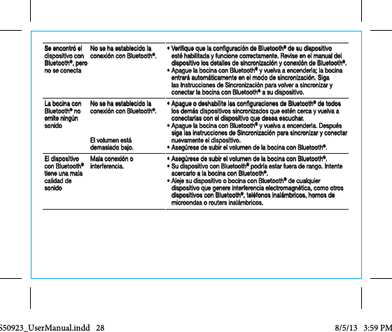 Se encontró el dispositivo con Bluetooth®, pero no se conectaNo se ha establecido la conexión con Bluetooth®.•  Verique que la conguración de Bluetooth® de su dispositivo esté habilitada y funcione correctamente. Revise en el manual del dispositivo los detalles de sincronización y conexión de Bluetooth®.•  Apague la bocina con Bluetooth® y vuelva a encenderla; la bocina entrará automáticamente en el modo de sincronización. Siga las Instrucciones de Sincronización para volver a sincronizar y conectar la bocina con Bluetooth® a su dispositivo.La bocina con Bluetooth® no emite ningún sonidoNo se ha establecido la conexión con Bluetooth®.El volumen está  demasiado bajo.•  Apague o deshabilite las conguraciones de Bluetooth® de todos los demás dispositivos sincronizados que estén cerca y vuelva a conectarlas con el dispositivo que desea escuchar.•  Apague la bocina con Bluetooth® y vuelva a encenderla. Después siga las instrucciones de Sincronización para sincronizar y conectar nuevamente el dispositivo.•  Asegúrese de subir el volumen de la bocina con Bluetooth®.El dispositivo con Bluetooth® tiene una mala calidad de sonidoMala conexión o interferencia. •  Asegúrese de subir el volumen de la bocina con Bluetooth®.•  Su dispositivo con Bluetooth® podría estar fuera de rango. Intente acercarlo a la bocina con Bluetooth®.•  Aleje su dispositivo o bocina con Bluetooth® de cualquier dispositivo que genere interferencia electromagnética, como otros dispositivos con Bluetooth®, teléfonos inalámbricos, hornos de microondas o routers inalámbricos.CCS50923_UserManual.indd   28 8/5/13   3:59 PM