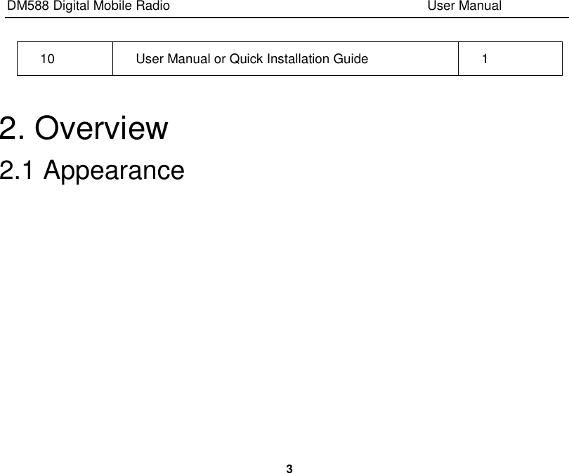 DM588 Digital Mobile Radio                                                                              User Manual  3  10 User Manual or Quick Installation Guide 1  2. Overview 2.1 Appearance 