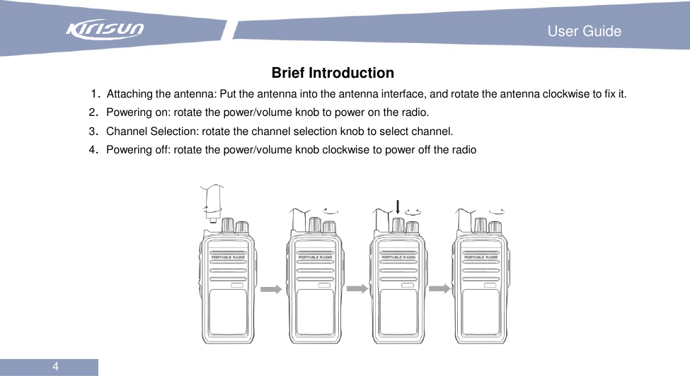                                                                         User Guide 4  Brief Introduction 1．Attaching the antenna: Put the antenna into the antenna interface, and rotate the antenna clockwise to fix it. 2．Powering on: rotate the power/volume knob to power on the radio. 3．Channel Selection: rotate the channel selection knob to select channel. 4．Powering off: rotate the power/volume knob clockwise to power off the radio  