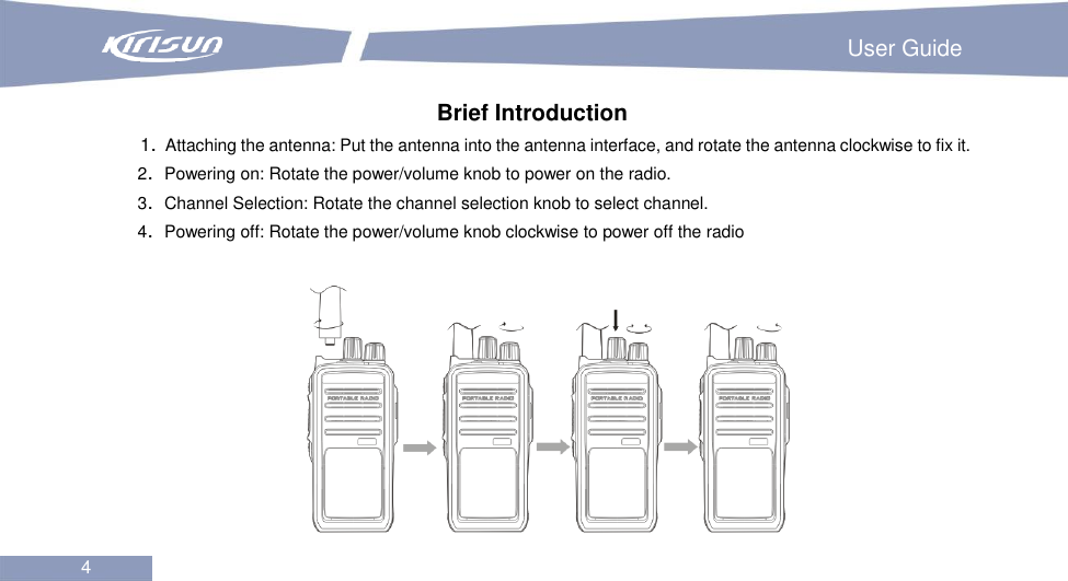                                                                         User Guide 4  Brief Introduction 1．Attaching the antenna: Put the antenna into the antenna interface, and rotate the antenna clockwise to fix it. 2．Powering on: Rotate the power/volume knob to power on the radio. 3．Channel Selection: Rotate the channel selection knob to select channel. 4．Powering off: Rotate the power/volume knob clockwise to power off the radio  