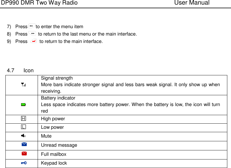 DP990 DMR Two Way Radio                               User Manual     7)  Press to enter the menu item 8)  Press   to return to the last menu or the main interface. 9)  Press    to return to the main interface.    4.7  Icon   Signal strength More bars indicate stronger signal and less bars weak signal. It only show up when receiving.   Battery indicator Less space indicates more battery power. When the battery is low, the icon will turn red    High power    Low power   Mute    Unread message    Full mailbox   Keypad lock 
