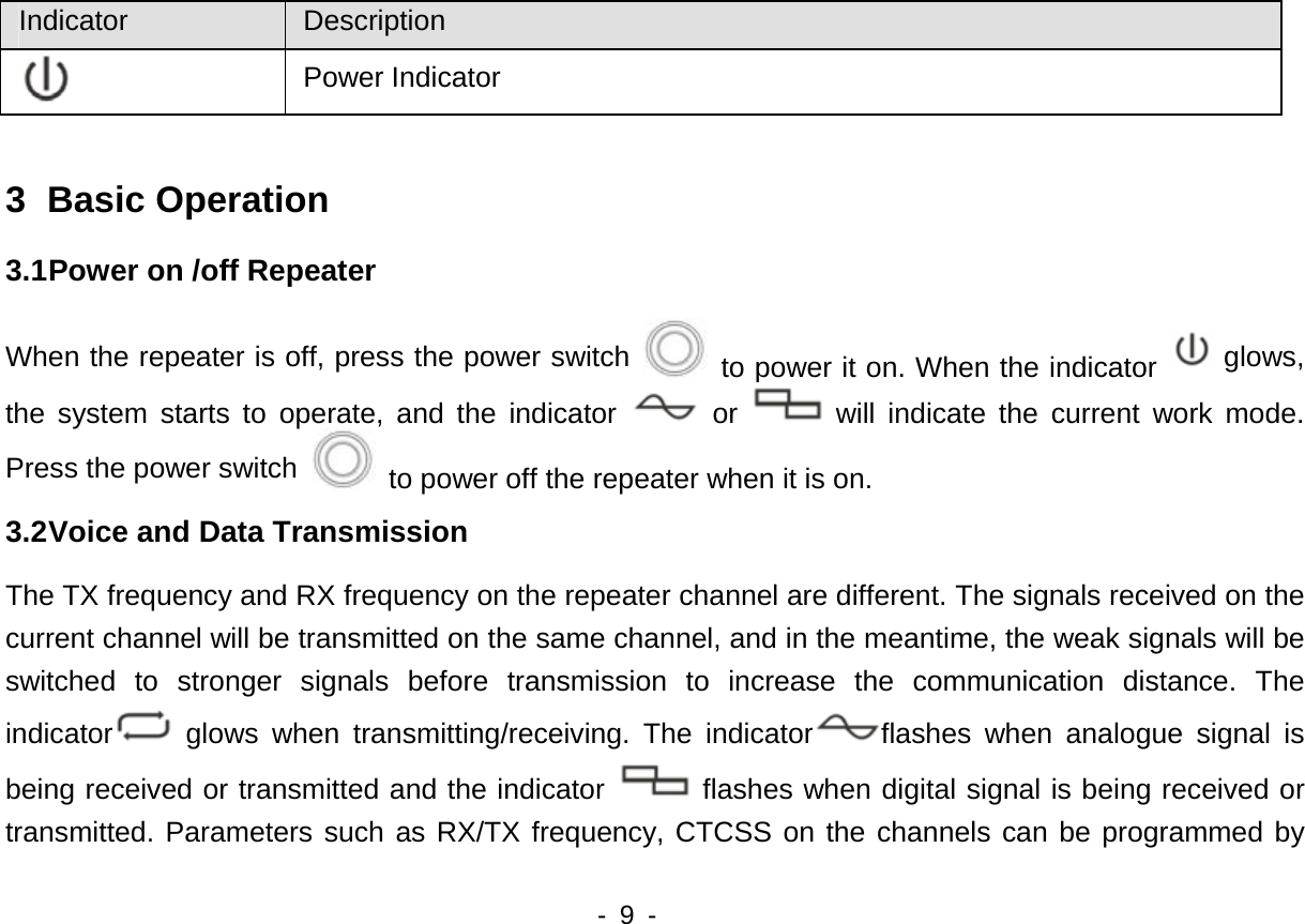    - 9 -   Indicator  Description  Power Indicator  3 Basic Operation 3.1 Power on /off Repeater When the repeater is off, press the power switch   to power it on. When the indicator   glows, the system starts to operate, and the indicator   or   will indicate the current work mode. Press the power switch    to power off the repeater when it is on. 3.2 Voice and Data Transmission The TX frequency and RX frequency on the repeater channel are different. The signals received on the current channel will be transmitted on the same channel, and in the meantime, the weak signals will be switched to stronger signals before transmission to increase the communication distance. The indicator  glows when transmitting/receiving. The indicator flashes when analogue signal is being received or transmitted and the indicator   flashes when digital signal is being received or transmitted. Parameters such as RX/TX frequency, CTCSS on the channels can be programmed by 