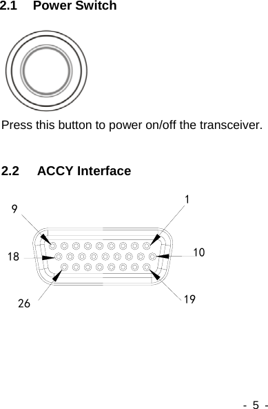    - 5 -   2.1   Power Switch      Press this button to power on/off the transceiver.  2.2 ACCY Interface     1 9 10 18 19 26 