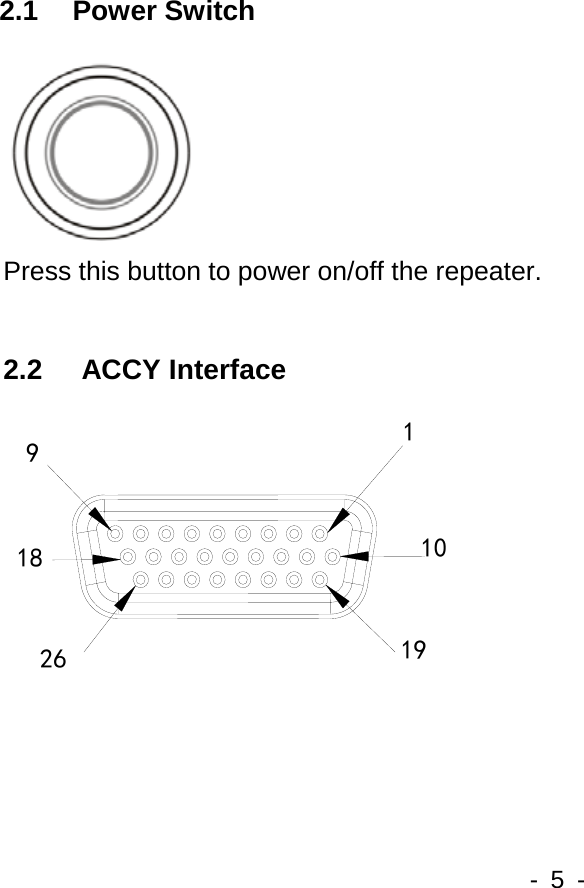    - 5 -   2.1   Power Switch      Press this button to power on/off the repeater.  2.2 ACCY Interface      1 9 10 18 19 26 