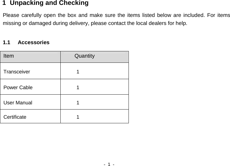   - 1 -   1   Unpacking and Checking Please carefully open the box and make sure the items listed below are included. For items missing or damaged during delivery, please contact the local dealers for help.      1.1 Accessories Item  Quantity Transceiver 1 Power Cable  1 User Manual  1 Certificate 1     
