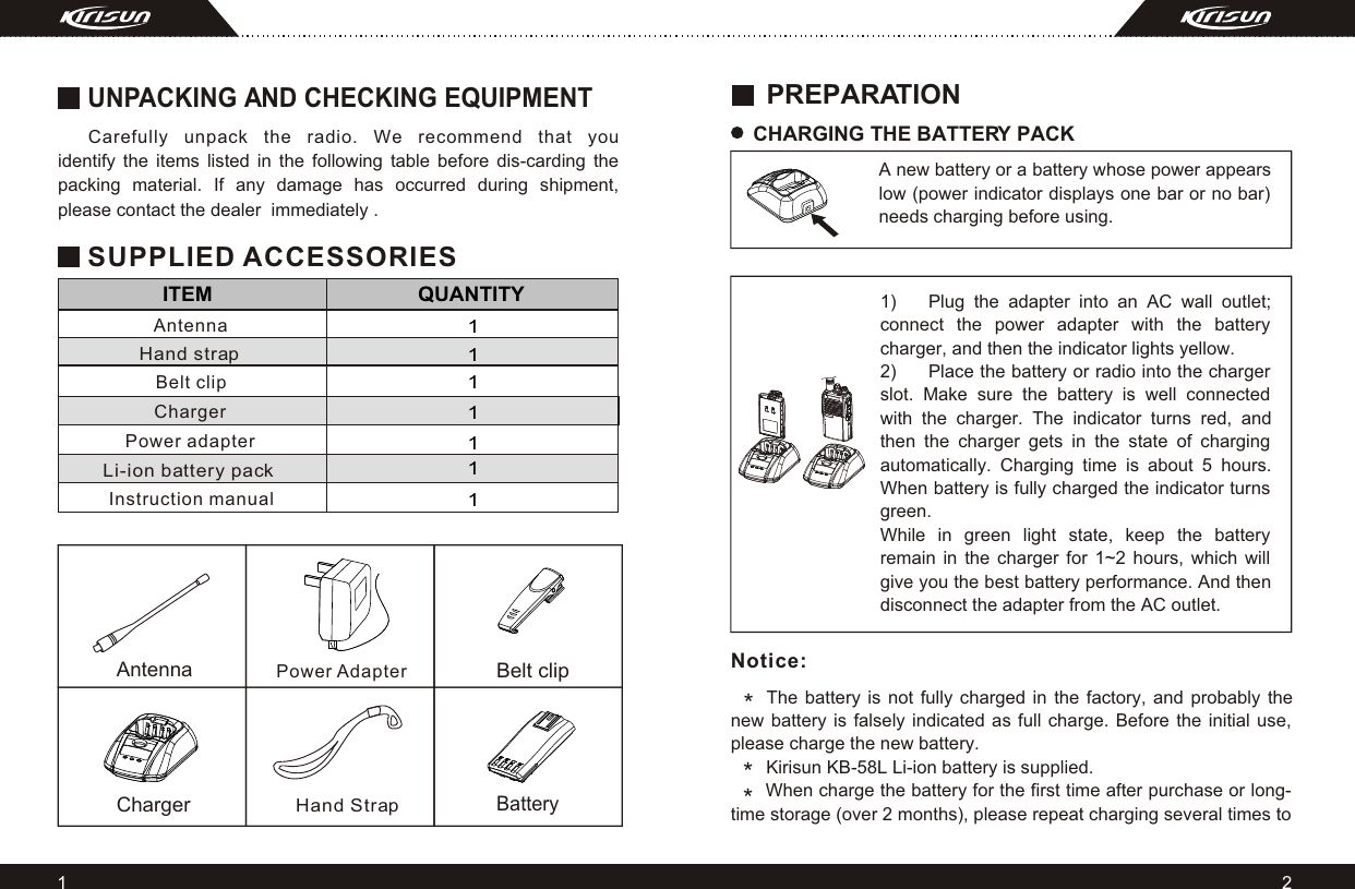   ITEM                                   QUANTITY1111111UNPACKING AND CHECKING EQUIPMENT  Carefully unpack the radio. We recommend that you identify the items listed in the following table before dis-carding the packing material. If any damage has occurred during shipment,  please contact the dealer  immediately .SUPPLIED ACCESSORIES Hand strapBelt clipLi-ion battery pack Charger Power adapterInstruction manual Belt clipChargerBatteryAntenna2AntennaPREPARATION CHARGING THE BATTERY PACK **Notice:A new battery or a battery whose power appears low (power indicator displays one bar or no bar) needs charging before using.     The battery is not fully charged in the factory, and probably the new battery is falsely indicated as full charge. Before the initial use, please charge the new battery.        Kirisun KB-58L Li-ion battery is supplied.       When charge the battery for the first time after purchase or long-time storage (over 2 months), please repeat charging several times to 1) Plug the adapter into an AC wall outlet; connect the power adapter with the battery charger, and then the indicator lights yellow.2) Place the battery or radio into the charger slot. Make sure the battery is well connected with the charger. The indicator turns red, and then the charger gets in the state of charging automatically. Charging time is about 5 hours. When battery is fully charged the indicator turns green.While in green light state, keep the battery remain in the charger for 1~2 hours, which will give you the best battery performance. And then disconnect the adapter from the AC outlet.*1Hand StrapPower Adapter