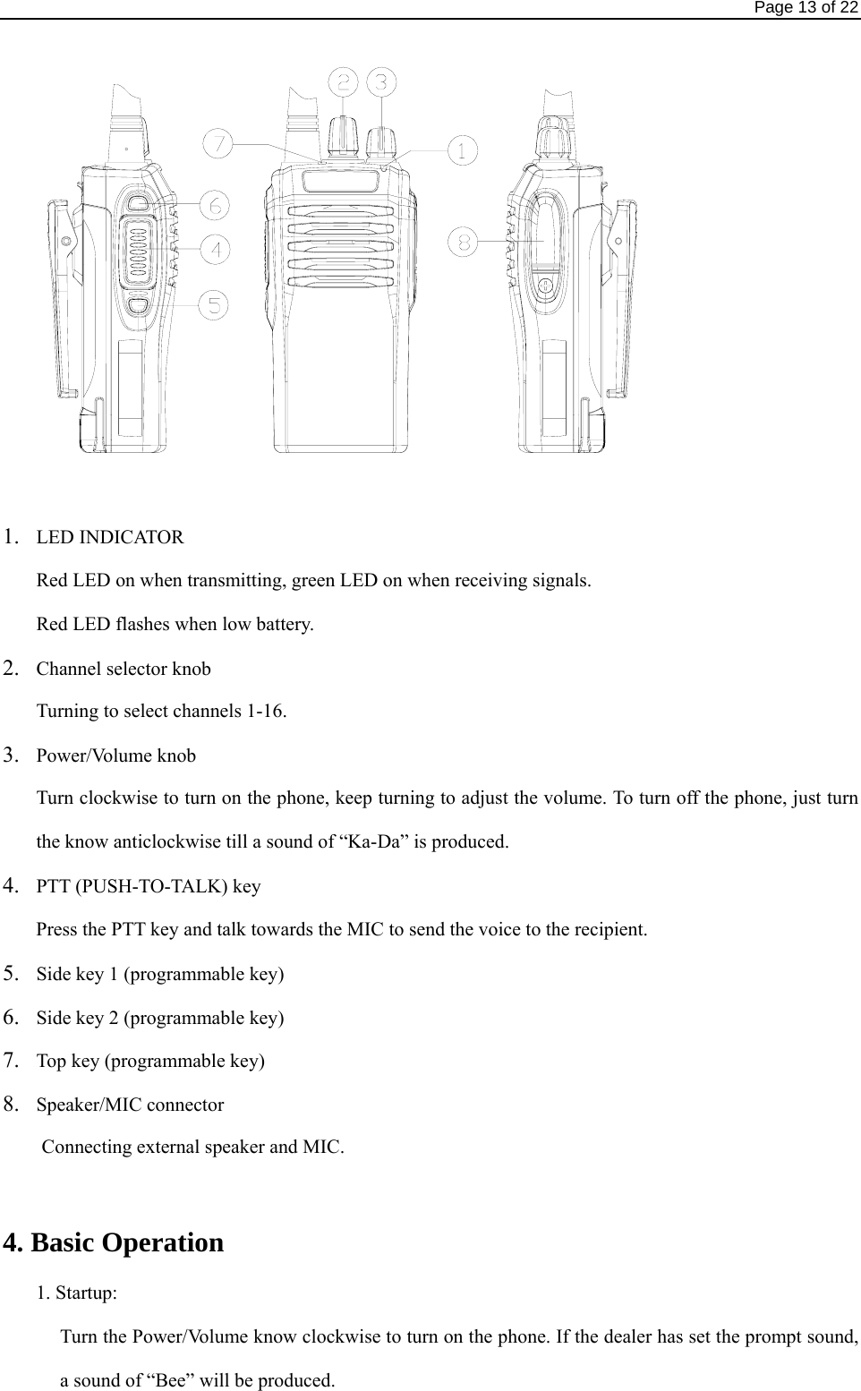                                                                                Page 13 of 22  1. LED INDICATOR Red LED on when transmitting, green LED on when receiving signals. Red LED flashes when low battery. 2. Channel selector knob Turning to select channels 1-16.   3. Power/Volume knob Turn clockwise to turn on the phone, keep turning to adjust the volume. To turn off the phone, just turn the know anticlockwise till a sound of “Ka-Da” is produced. 4. PTT (PUSH-TO-TALK) key Press the PTT key and talk towards the MIC to send the voice to the recipient.   5. Side key 1 (programmable key)   6. Side key 2 (programmable key)   7. Top key (programmable key)   8. Speaker/MIC connector   Connecting external speaker and MIC.    4. Basic Operation 1. Startup: Turn the Power/Volume know clockwise to turn on the phone. If the dealer has set the prompt sound, a sound of “Bee” will be produced. 