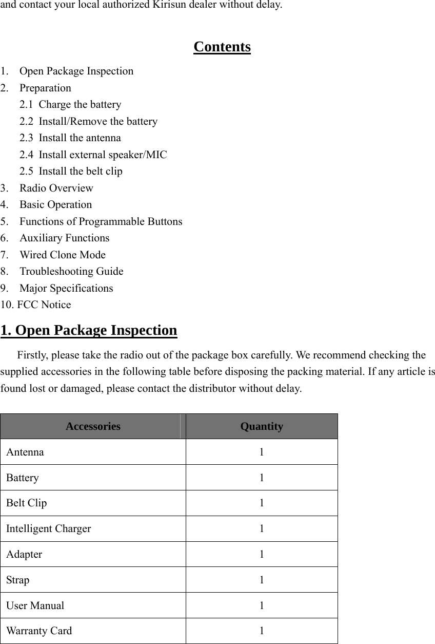and contact your local authorized Kirisun dealer without delay.    Contents 1. Open Package Inspection 2. Preparation 2.1 Charge the battery 2.2 Install/Remove the battery 2.3 Install the antenna 2.4 Install external speaker/MIC 2.5 Install the belt clip 3. Radio Overview 4. Basic Operation 5. Functions of Programmable Buttons 6. Auxiliary Functions 7. Wired Clone Mode 8. Troubleshooting Guide 9. Major Specifications 10. FCC Notice 1. Open Package Inspection Firstly, please take the radio out of the package box carefully. We recommend checking the supplied accessories in the following table before disposing the packing material. If any article is found lost or damaged, please contact the distributor without delay.    Accessories  Quantity Antenna   1 Battery   1 Belt Clip  1 Intelligent Charger    1 Adapter 1 Strap 1 User Manual  1 Warranty Card  1  