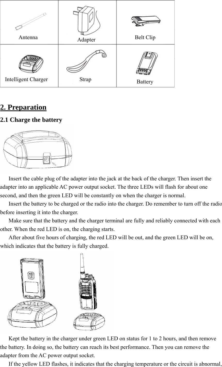   2. Preparation 2.1 Charge the battery  Insert the cable plug of the adapter into the jack at the back of the charger. Then insert the adapter into an applicable AC power output socket. The three LEDs will flash for about one second, and then the green LED will be constantly on when the charger is normal.   Insert the battery to be charged or the radio into the charger. Do remember to turn off the radio before inserting it into the charger. Make sure that the battery and the charger terminal are fully and reliably connected with each other. When the red LED is on, the charging starts.   After about five hours of charging, the red LED will be out, and the green LED will be on, which indicates that the battery is fully charged.    Kept the battery in the charger under green LED on status for 1 to 2 hours, and then remove the battery. In doing so, the battery can reach its best performance. Then you can remove the adapter from the AC power output socket.   If the yellow LED flashes, it indicates that the charging temperature or the circuit is abnormal, Antenna Intelligent Charger Adapter Strap Belt Clip   Battery 