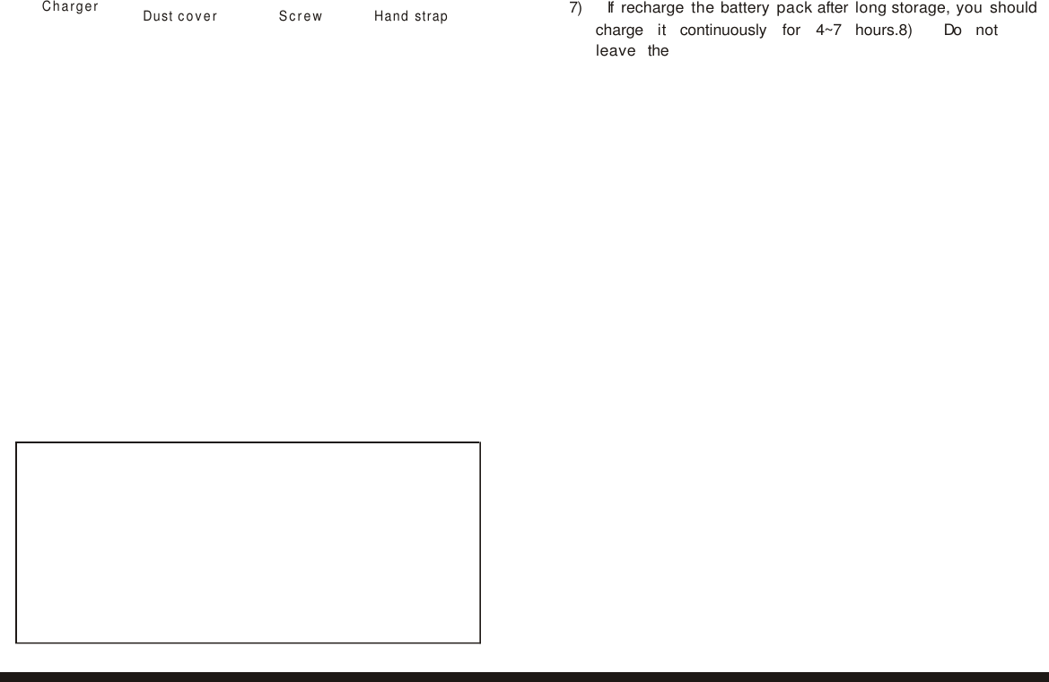 Charger  Dust cover  Screw  Hand strap 7)   If recharge the battery pack after long storage, you should charge   it   continuously   for   4~7   hours.8)   Do   not   leave   the   1 2 