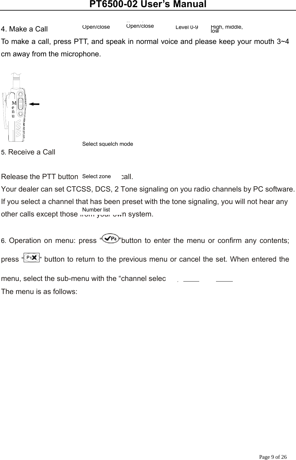 PT6500-02 User’s Manual Page 9 of 26  4. Make a Call To make a call, press PTT, and speak in normal voice and please keep your mouth 3~4 cm away from the microphone.   5. Receive a Call  Release the PTT button to receive a call.   Your dealer can set CTCSS, DCS, 2 Tone signaling on you radio channels by PC software. If you select a channel that has been preset with the tone signaling, you will not hear any other calls except those from your own system.  6.  Operation on menu: press “ ”button to enter the menu or confirm any contents; press “ ” button to return to the previous menu or cancel the set. When entered the menu, select the sub-menu with the “channel selector”, “  “or “ ”. The menu is as follows:  Open/closeOpen/closeOpen/closeOpen/closeLevel 0-9High, middle, low  Menu Select squelch modeNumber listSelect zone   