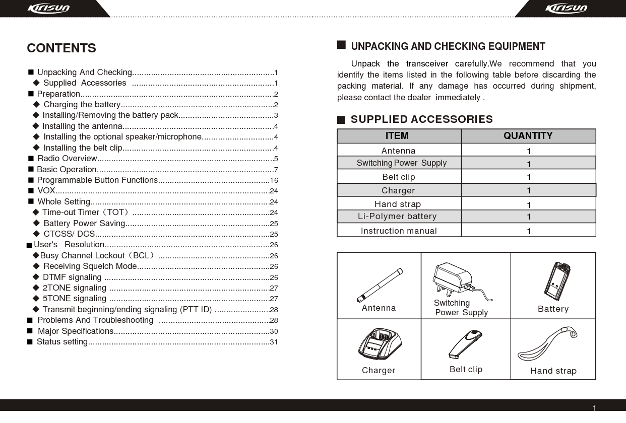 CONTENTS    Unpacking And Checking.............................................................1 Supplied Accessories .............................................................1    Preparation...................................................................................2    Charging the battery..................................................................2    Installing/Removing the battery pack.........................................3    Installing the antenna.................................................................4    Installing the optional speaker/microphone...............................4    Installing the belt clip.................................................................4    Radio Overview............................................................................5    Basic Operation............................................................................7    Programmable Button Functions................................................16    VOX............................................................................................24    Whole Setting.............................................................................24    Time-out Timer TOT ...........................................................24    Battery Power Saving..............................................................25     CTCSS/ DCS...........................................................................25 User&apos;s Resolution......................................................................26   Busy Channel Lockout BCL ................................................26    Receiving Squelch Mode.........................................................26    DTMF signaling .......................................................................26    2TONE signaling .....................................................................27    5TONE signaling .....................................................................27    Transmit beginning/ending signaling (PTT ID) ........................28    Problems And Troubleshooting  ................................................28    Major Specifications...................................................................30    Status setting..............................................................................31  ITEM                                   QUANTITY1111111UNPACKING AND CHECKING EQUIPMENT   We recommend that you identify the items listed in the following table before discarding the packing material. If any damage has occurred during shipment,  Unpack the transceiver carefully.please contact the dealer  immediately .SUPPLIED ACCESSORIES Hand strapBelt clipLi-Polymer battery Charger Switching Power   SupplyInstruction manual AntennaAntennaBelt clipCharger Hand strapBattery Switching Power   Supply1