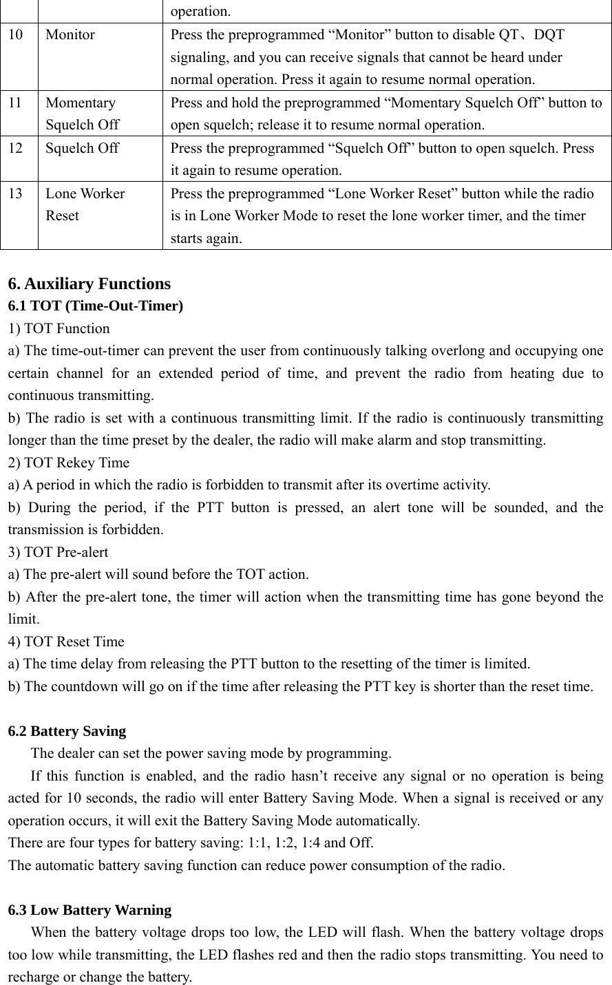 operation.  10  Monitor  Press the preprogrammed “Monitor” button to disable QT、DQT signaling, and you can receive signals that cannot be heard under normal operation. Press it again to resume normal operation.   11 Momentary Squelch Off Press and hold the preprogrammed “Momentary Squelch Off” button to open squelch; release it to resume normal operation. 12  Squelch Off  Press the preprogrammed “Squelch Off” button to open squelch. Press it again to resume operation.   13 Lone Worker Reset Press the preprogrammed “Lone Worker Reset” button while the radio is in Lone Worker Mode to reset the lone worker timer, and the timer starts again.    6. Auxiliary Functions 6.1 TOT (Time-Out-Timer) 1) TOT Function a) The time-out-timer can prevent the user from continuously talking overlong and occupying one certain channel for an extended period of time, and prevent the radio from heating due to continuous transmitting.   b) The radio is set with a continuous transmitting limit. If the radio is continuously transmitting longer than the time preset by the dealer, the radio will make alarm and stop transmitting.   2) TOT Rekey Time a) A period in which the radio is forbidden to transmit after its overtime activity. b) During the period, if the PTT button is pressed, an alert tone will be sounded, and the transmission is forbidden.   3) TOT Pre-alert a) The pre-alert will sound before the TOT action.   b) After the pre-alert tone, the timer will action when the transmitting time has gone beyond the limit.  4) TOT Reset Time a) The time delay from releasing the PTT button to the resetting of the timer is limited. b) The countdown will go on if the time after releasing the PTT key is shorter than the reset time.    6.2 Battery Saving       The dealer can set the power saving mode by programming.        If this function is enabled, and the radio hasn’t receive any signal or no operation is being acted for 10 seconds, the radio will enter Battery Saving Mode. When a signal is received or any operation occurs, it will exit the Battery Saving Mode automatically.   There are four types for battery saving: 1:1, 1:2, 1:4 and Off. The automatic battery saving function can reduce power consumption of the radio.    6.3 Low Battery Warning       When the battery voltage drops too low, the LED will flash. When the battery voltage drops too low while transmitting, the LED flashes red and then the radio stops transmitting. You need to recharge or change the battery.   