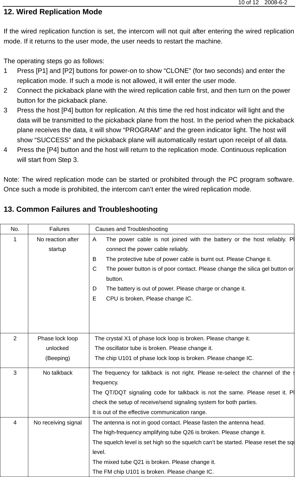                                                                                  10 of 12    2008-6-2 12. Wired Replication Mode    If the wired replication function is set, the intercom will not quit after entering the wired replication mode. If it returns to the user mode, the user needs to restart the machine.    The operating steps go as follows: 1  Press [P1] and [P2] buttons for power-on to show “CLONE” (for two seconds) and enter the replication mode. If such a mode is not allowed, it will enter the user mode.   2  Connect the pickaback plane with the wired replication cable first, and then turn on the power button for the pickaback plane.   3  Press the host [P4] button for replication. At this time the red host indicator will light and the data will be transmitted to the pickaback plane from the host. In the period when the pickaback plane receives the data, it will show “PROGRAM” and the green indicator light. The host will show “SUCCESS” and the pickaback plane will automatically restart upon receipt of all data.   4  Press the [P4] button and the host will return to the replication mode. Continuous replication will start from Step 3.    Note: The wired replication mode can be started or prohibited through the PC program software. Once such a mode is prohibited, the intercom can’t enter the wired replication mode.    13. Common Failures and Troubleshooting  No. Failures Causes and Troubleshooting  1  No reaction after startup A  The power cable is not joined with the battery or the host reliably. Plconnect the power cable reliably.   B  The protective tube of power cable is burnt out. Please Change it.   C  The power button is of poor contact. Please change the silica gel button or button.  D  The battery is out of power. Please charge or change it.   E  CPU is broken, Please change IC.   2  Phase lock loop unlocked   (Beeping)    The crystal X1 of phase lock loop is broken. Please change it.   The oscillator tube is broken. Please change it.   The chip U101 of phase lock loop is broken. Please change IC.   3  No talkback   The frequency for talkback is not right. Please re-select the channel of the sfrequency.  The QT/DQT signaling code for talkback is not the same. Please reset it. Plcheck the setup of receive/send signaling system for both parties.     It is out of the effective communication range.   4  No receiving signal  The antenna is not in good contact. Please fasten the antenna head.   The high-frequency amplifying tube Q26 is broken. Please change it. The squelch level is set high so the squelch can’t be started. Please reset the squlevel.  The mixed tube Q21 is broken. Please change it.   The FM chip U101 is broken. Please change IC.   