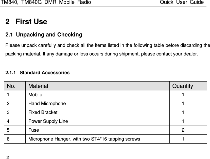 TM840,  TM840G  DMR  Mobile  Radio                                                 Quick  User  Guide    2  2   First Use 2.1  Unpacking and Checking Please unpack carefully and check all the items listed in the following table before discarding the packing material. If any damage or loss occurs during shipment, please contact your dealer.    2.1.1  Standard Accessories No. Material Quantity 1 Mobile 1 2 Hand Microphone 1   3 Fixed Bracket 1 4 Power Supply Line 1 5 Fuse 2   6 Microphone Hanger, with two ST4*16 tapping screws 1 