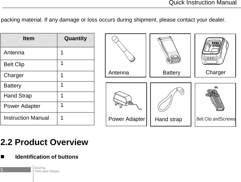 5   packing material. If any damage or loss occurs during shipment, please contact your dealer.    Item  Quantity Antenna 1 Belt Clip  1 Charger 1 Battery  1 Hand Strap  1 Power Adapter  1 Instruction Manual  1  2.2 Product Overview  Identification of buttons Battery Antenna  Charger Hand strap  Power AdapterBelt Clip andScrews                           Quick Instruction Manual 