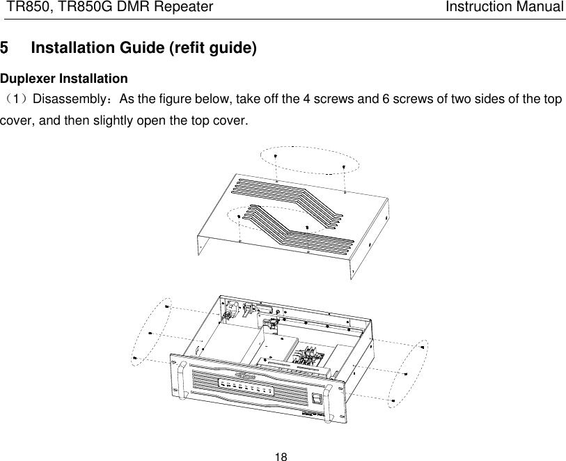 TR850, TR850G DMR Repeater                                                          Instruction Manual 18  5 Installation Guide (refit guide) Duplexer Installation （1）Disassembly：As the figure below, take off the 4 screws and 6 screws of two sides of the top cover, and then slightly open the top cover.  