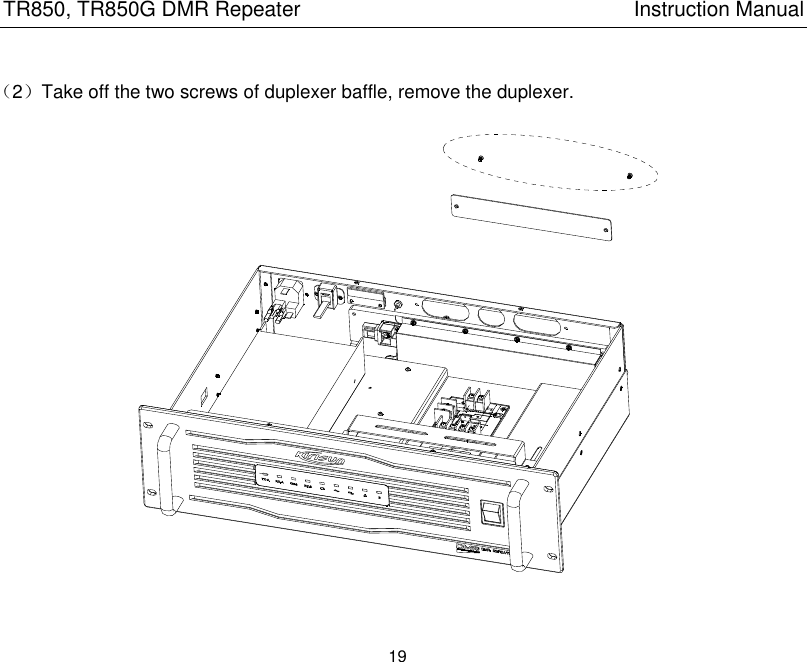TR850, TR850G DMR Repeater                                                          Instruction Manual 19   （2）Take off the two screws of duplexer baffle, remove the duplexer.   