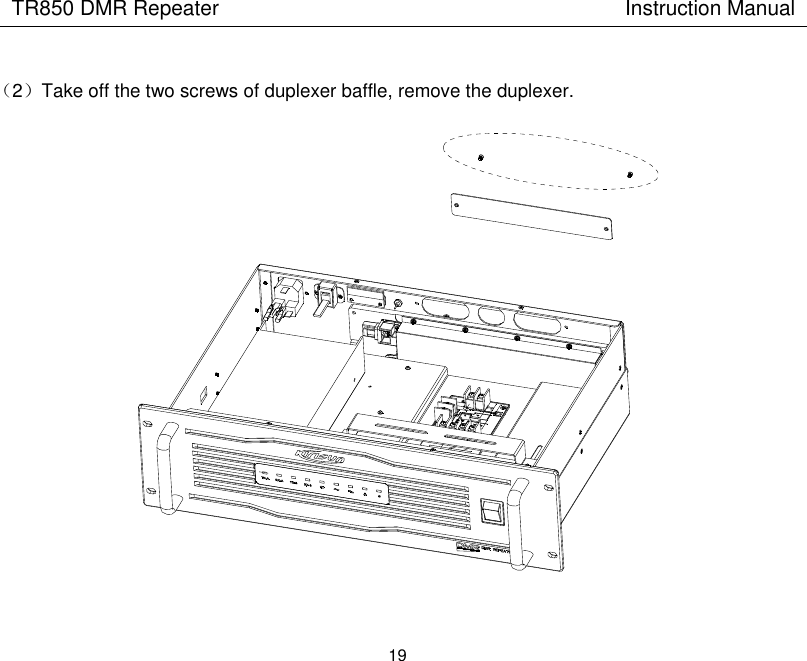 TR850 DMR Repeater                                        Instruction Manual 19   （2）Take off the two screws of duplexer baffle, remove the duplexer.   