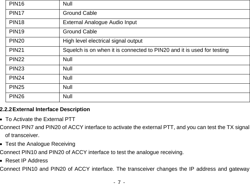    - 7 -   PIN16 Null PIN17 Ground Cable PIN18  External Analogue Audio Input PIN19 Ground Cable PIN20  High level electrical signal output PIN21  Squelch is on when it is connected to PIN20 and it is used for testing PIN22 Null PIN23 Null PIN24 Null PIN25 Null PIN26 Null 2.2.2 External Interface Description &bull;  To Activate the External PTT Connect PIN7 and PIN20 of ACCY interface to activate the external PTT, and you can test the TX signal of transceiver.   &bull;  Test the Analogue Receiving Connect PIN10 and PIN20 of ACCY interface to test the analogue receiving. &bull;  Reset IP Address   Connect PIN10 and PIN20 of ACCY interface. The transceiver changes the IP address and gateway 