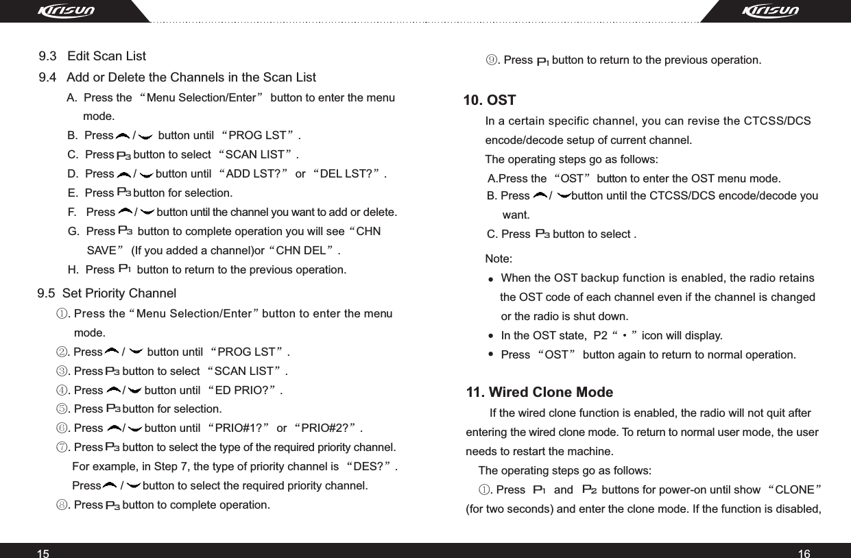 15 169.3   Edit Scan List 9.4   Add or Delete the Channels in the Scan List             A.  Press the “Menu Selection/Enter” button to enter the menu               mode.         B.  Press      /       button until “PROG LST”.         C.  Press      button to select “SCAN LIST”.         D.  Press      /      button until “ADD LST?” or “DEL LST?”.          E.  Press      button for selection.F.   Press      /      button until the channel you want to add or delete.G.  Press       button to complete operation you will see“CHN       SAVE” (If you added a channel)or“CHN DEL”. H.  Press       button to return to the previous operation.   9.5  Set Priority Channel        ①. Press the “Menu Selection/Enter” button to enter the menu              mode.      ② . Press      /       button until “PROG LST”.      ③. Press      button to select “SCAN LIST”.      ④. Press      /      button until “ED PRIO?”.      ⑤. Press      button for selection.      ⑥. Press      /      button until “PRIO#1?” or “PRIO#2?”.      ⑦. Press      button to select the type of the required priority channel.           For example, in Step 7, the type of priority channel is “DES?”.            Press      /      button to select the required priority channel.       ⑧. Press      button to complete operation.      10. OST       In a certain specific channel, you can revise the CTCSS/DCS        encode/decode setup of current channel.        The operating steps go as follows:          A.Press the “OST” button to enter the OST menu mode.      P1P1P3P3P3P3P3P3P3⑨. Press      button to return to the previous operation.        B. Press      /      button until the CTCSS/DCS encode/decode you     want.  C. Press       button to select .Note:      When the OST backup function is enabled, the radio retains      the OST code of each channel even if the channel is changed      or the radio is shut down.       In the OST state,  P2“·”icon will display.      Press “OST” button again to return to normal operation.P311. Wired Clone Mode       If the wired clone function is enabled, the radio will not quit after entering the wired clone mode. To return to normal user mode, the user needs to restart the machine.      The operating steps go as follows:    ①. Press         and         buttons for power-on until show “CLONE”(for two seconds) and enter the clone mode. If the function is disabled, P1P2