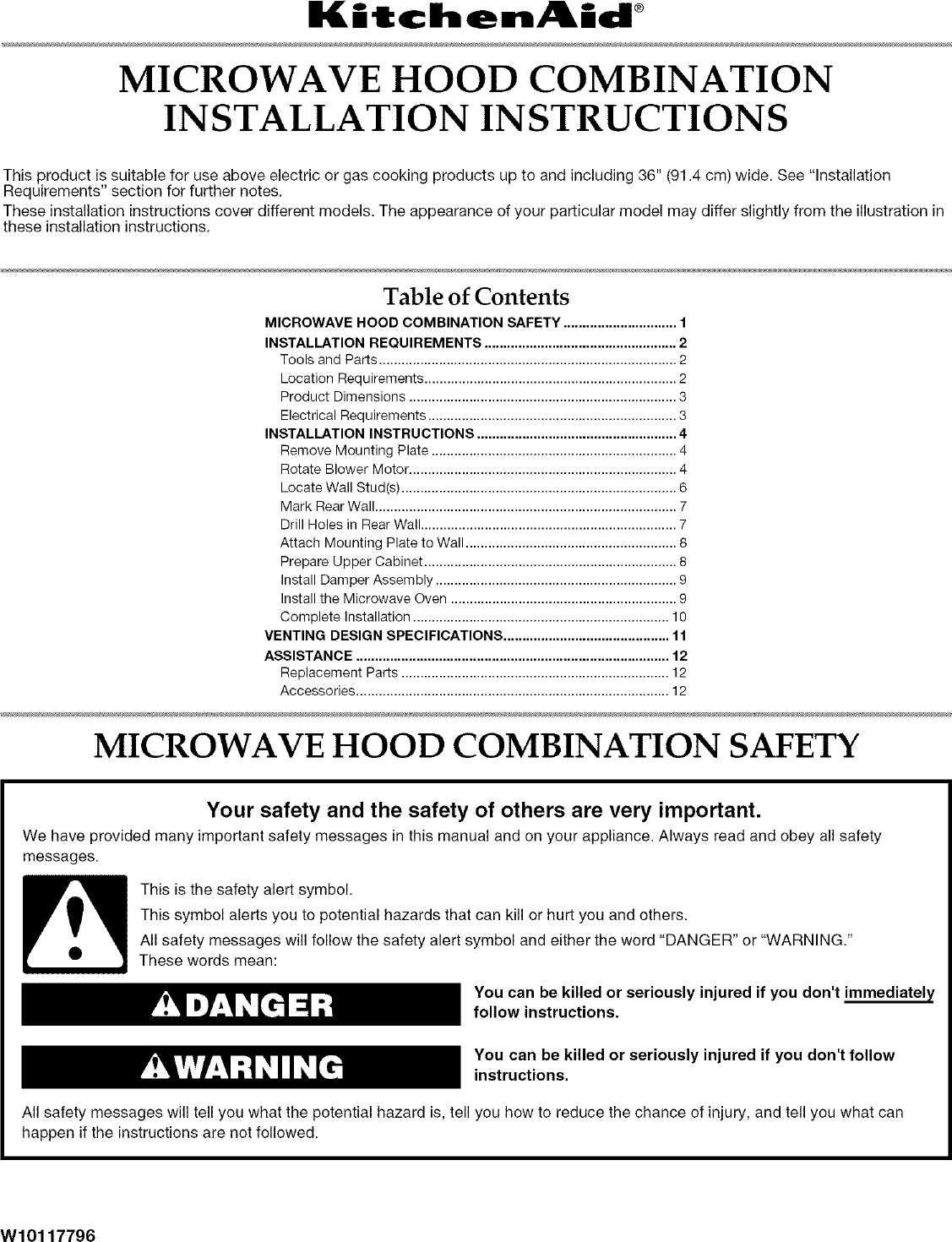 Page 1 of 12 - Kitchenaid KHMS1850SSS0 User Manual  MICROWAVE HOOD COMBO - Manuals And Guides L0705146
