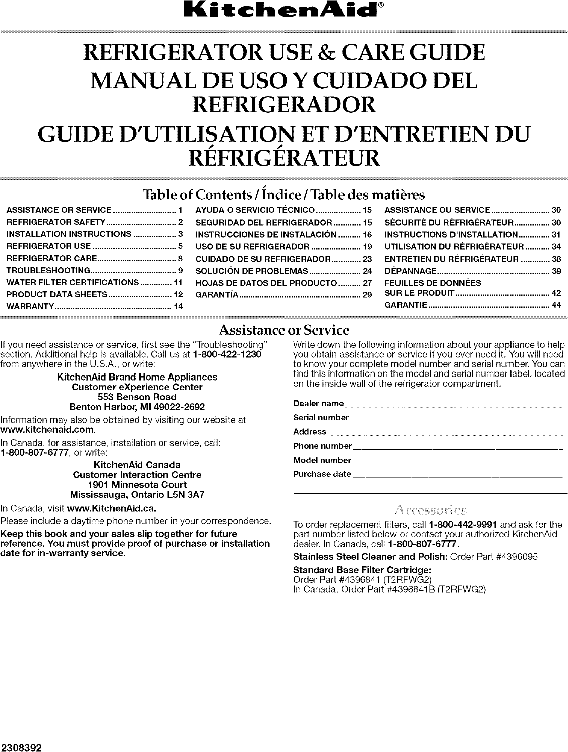 Kitchenaid KSRN25FRBL00 User Manual SIDE BY REFRIGERATOR Manuals And
